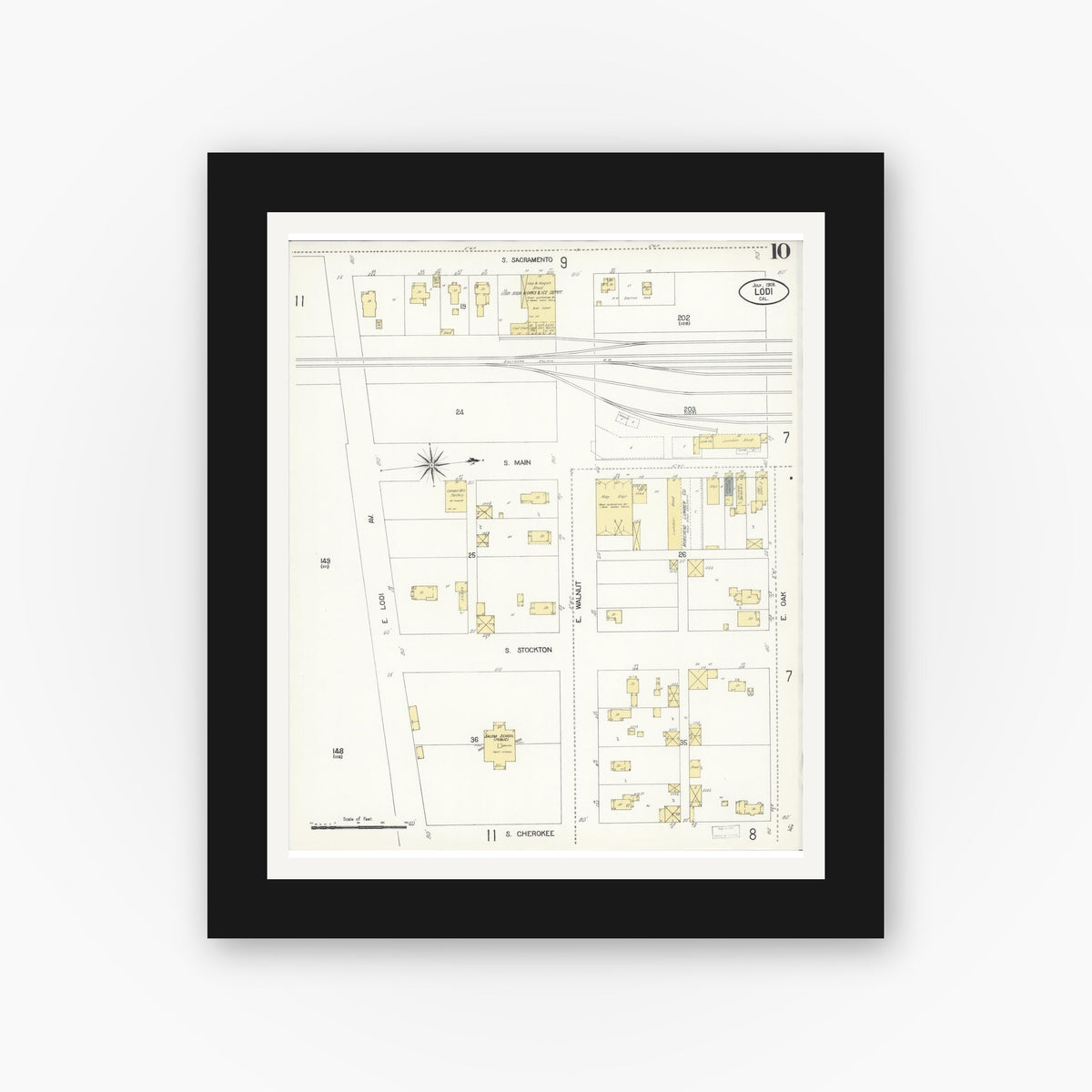 Old map wall art mockup — black gallery frame with white mat — Sanborn Fire Insurance Map from Lodi, San Joaquin County, California (1908), Sheet #0010