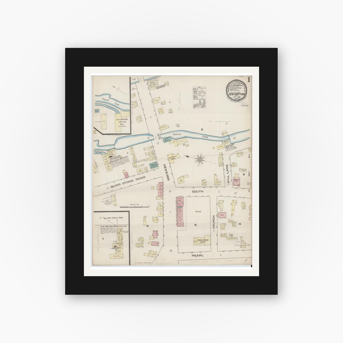 Old map wall art mockup — black gallery frame with white mat — Sanborn Fire Insurance Map from New Hartford, Oneida County, New York (1885) - Complete Map Set