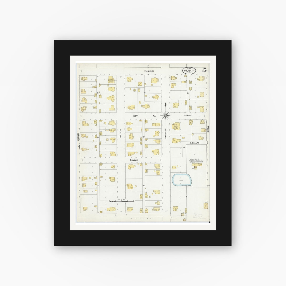 Old map wall art mockup — black gallery frame with white mat — Sanborn Fire Insurance Map from Wolfe City, Hunt County, Texas (1901), Sheet #0005