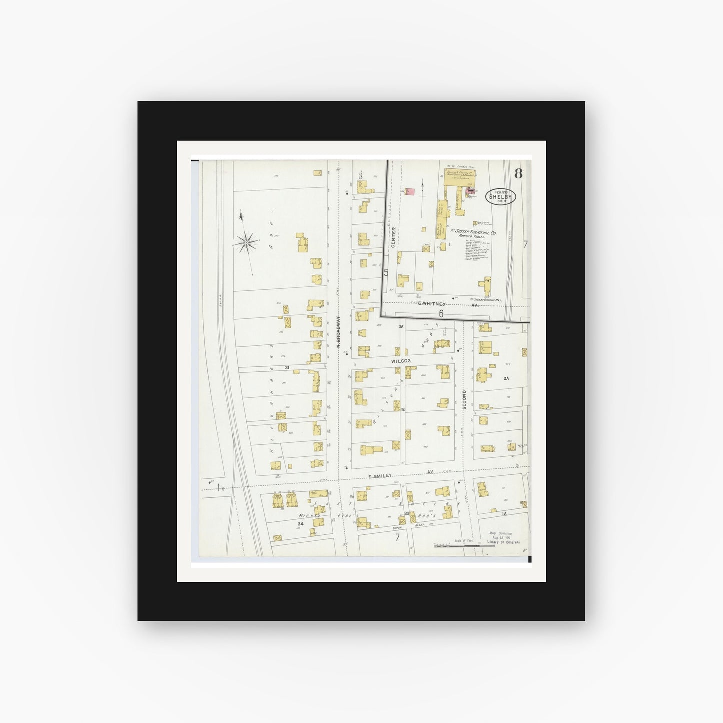 Old map wall art mockup — black gallery frame with white mat — Sanborn Fire Insurance Map from Shelby, Richland County, Ohio (1899), Sheet #0008