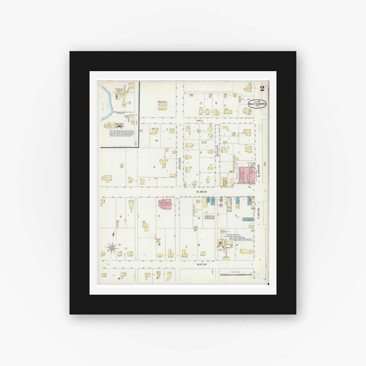 Old map wall art mockup — black gallery frame with white mat — Sanborn Fire Insurance Map from Whitesboro, Grayson County, Texas (1896), Sheet #0002
