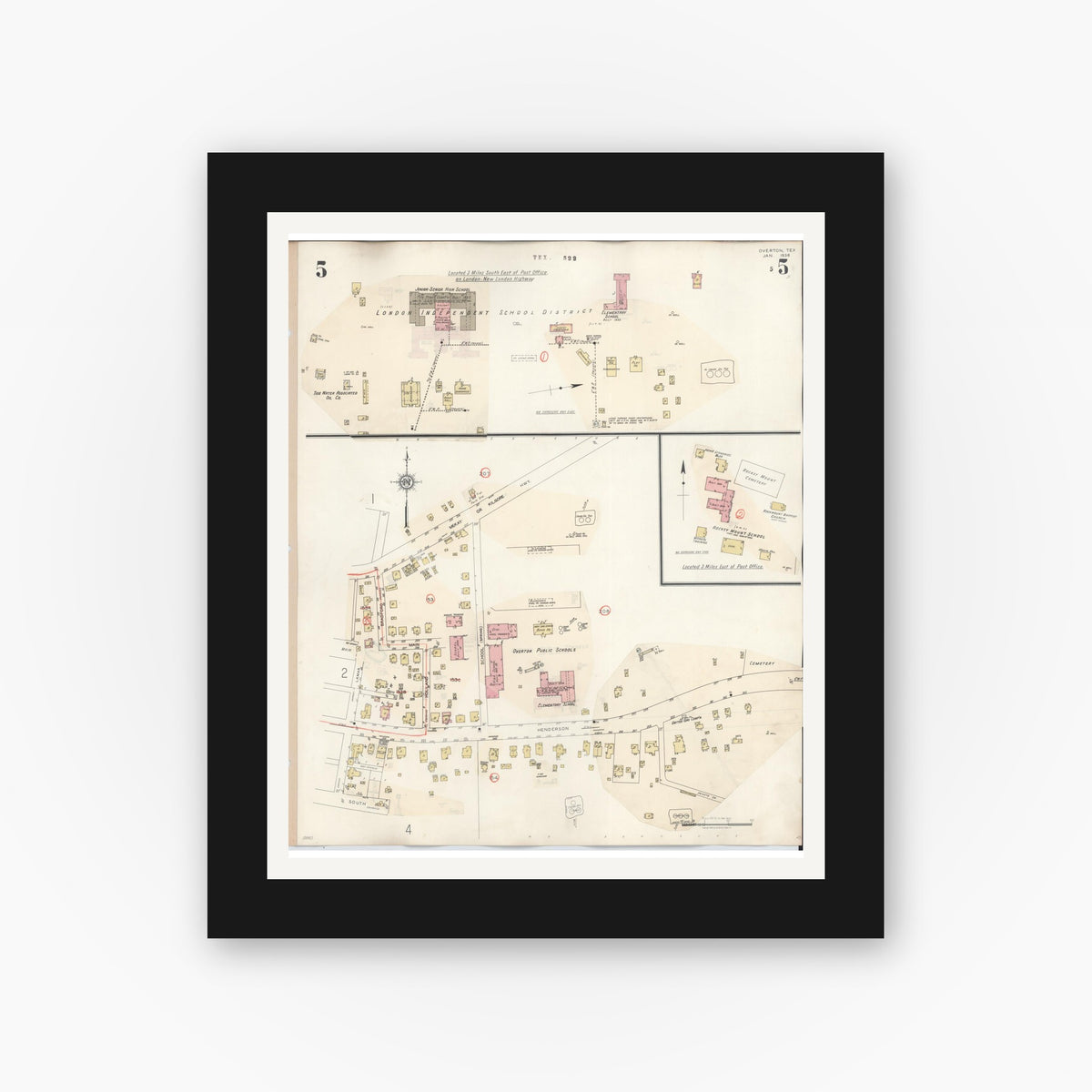 Old map wall art mockup — black gallery frame with white mat — Sanborn Fire Insurance Map from Overton, Rusk County, Texas (1939), Sheet #0005