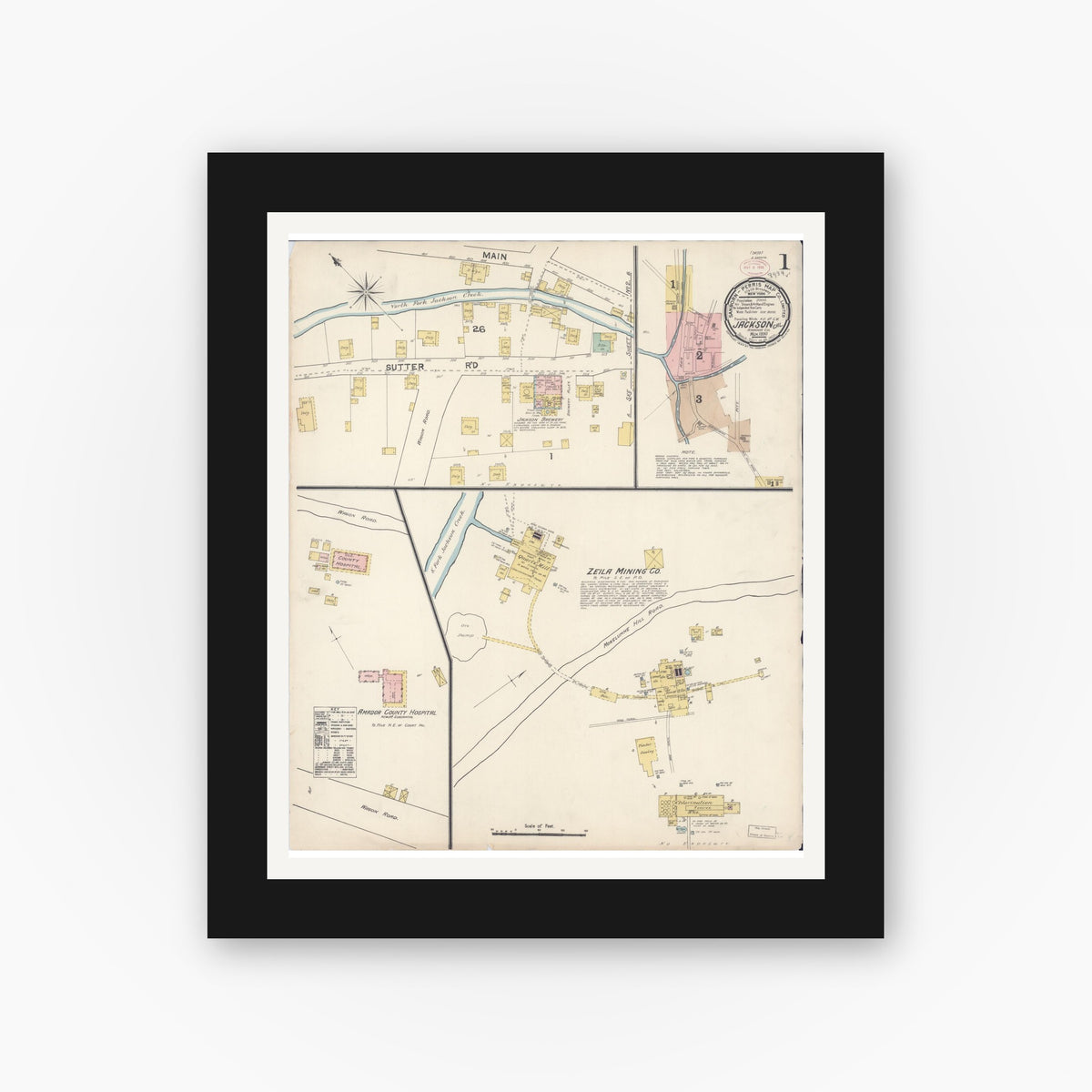 Old map wall art mockup — black gallery frame with white mat — Sanborn Fire Insurance Map from Jackson, Amador County, California (1890) - Complete Map Set