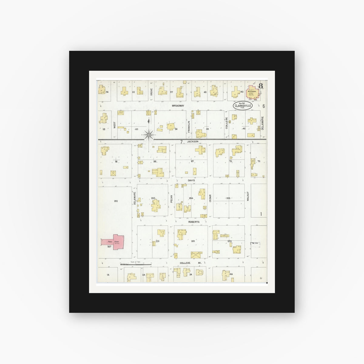 Old map wall art mockup — black gallery frame with white mat — Sanborn Fire Insurance Map from Clarksville, Red River County, Texas (1901), Sheet #0008