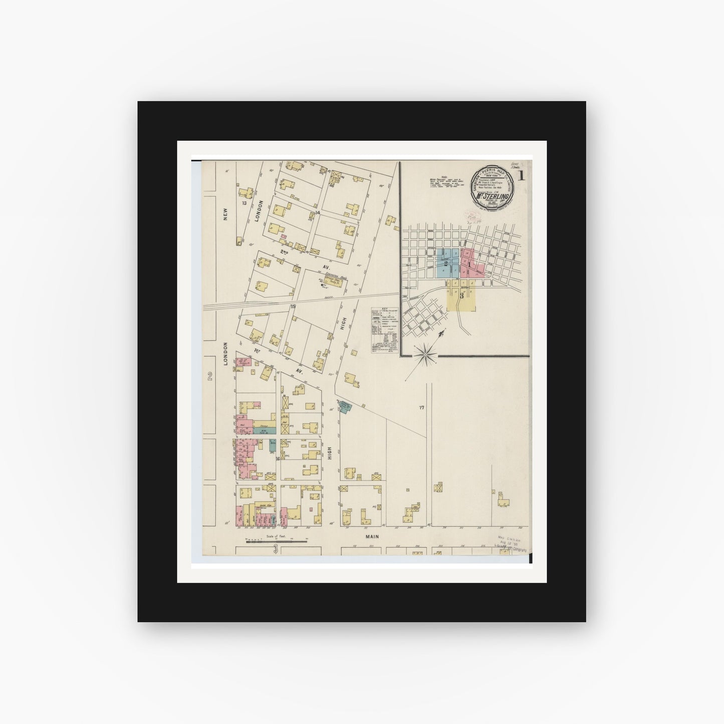 Old map wall art mockup — black gallery frame with white mat — Sanborn Fire Insurance Map from Mount Sterling, Madison County, Ohio (1895), Sheet #0001