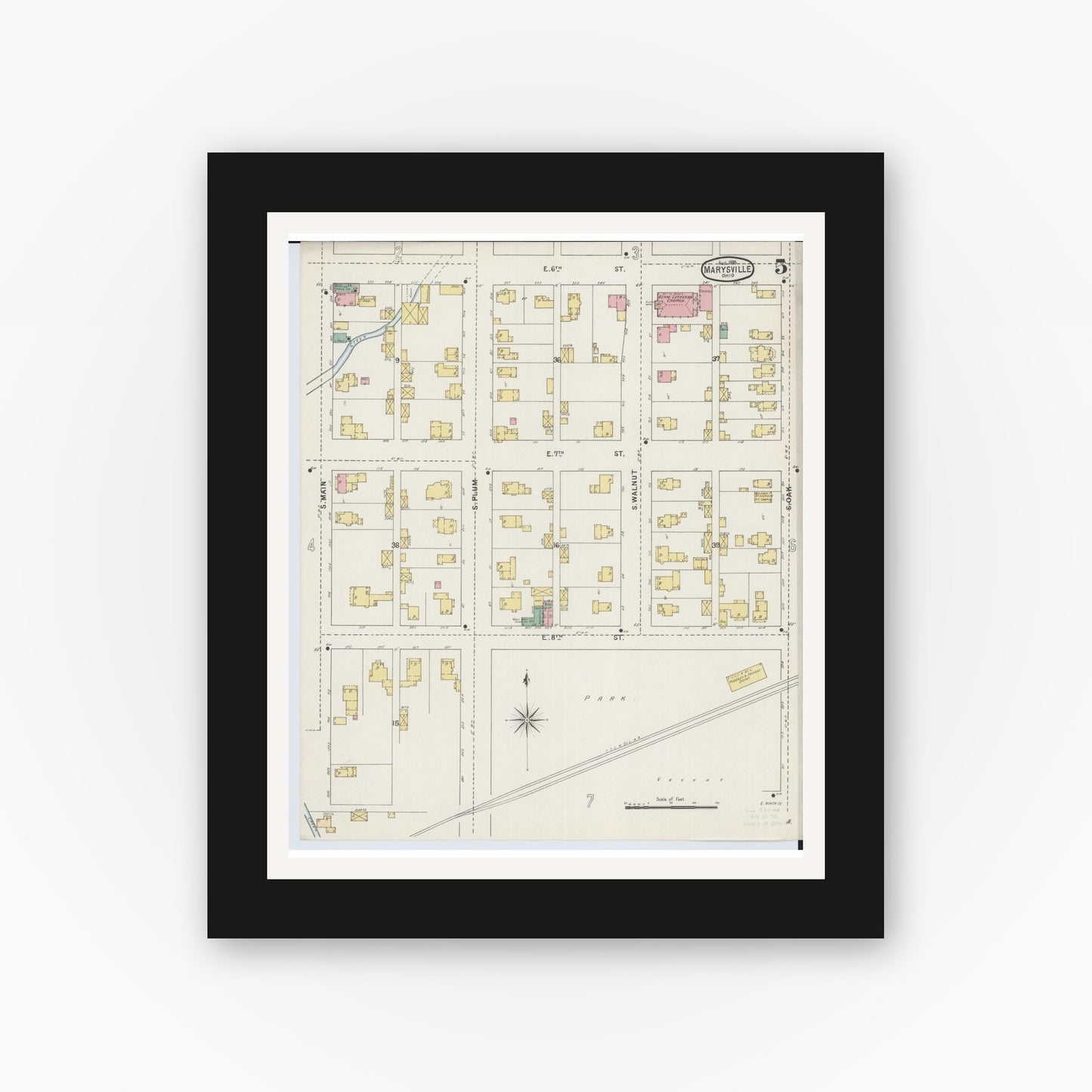 Old map wall art mockup — black gallery frame with white mat — Sanborn Fire Insurance Map from Marysville, Union County, Ohio (1895), Sheet #0005
