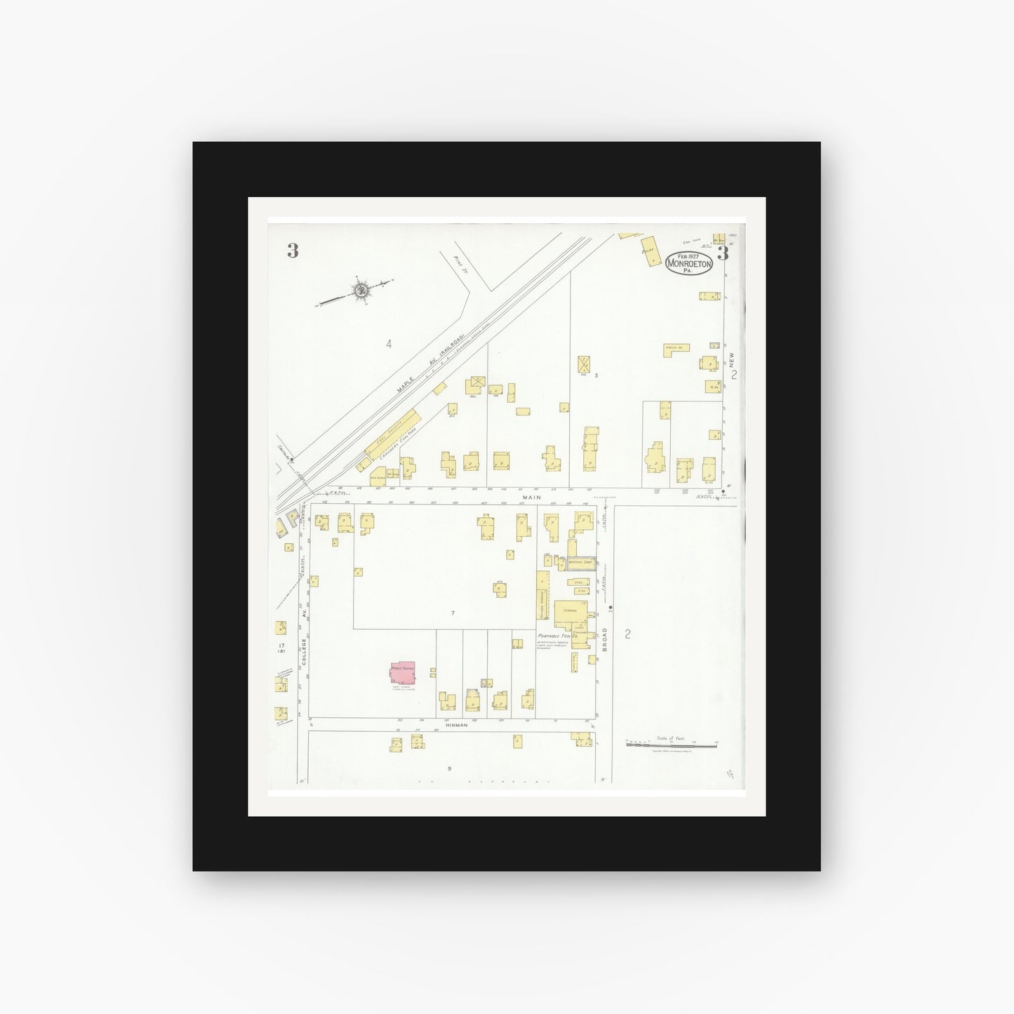 Old map wall art mockup — black gallery frame with white mat — Sanborn Fire Insurance Map from Monroeton, Bradford County, Pennsylvania (1927), Sheet #0003