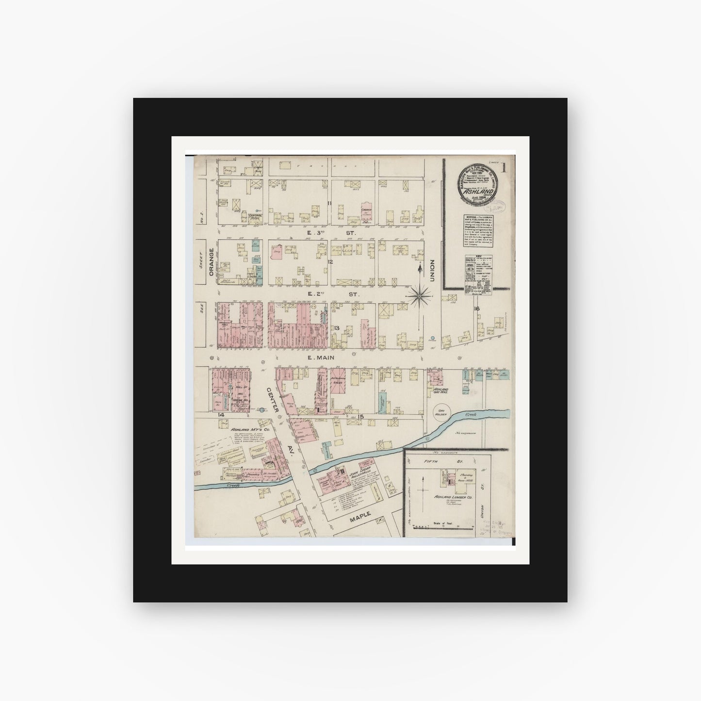 Old map wall art mockup — black gallery frame with white mat — Sanborn Fire Insurance Map from Ashland, Ashland County, Ohio (1884), Sheet #0001