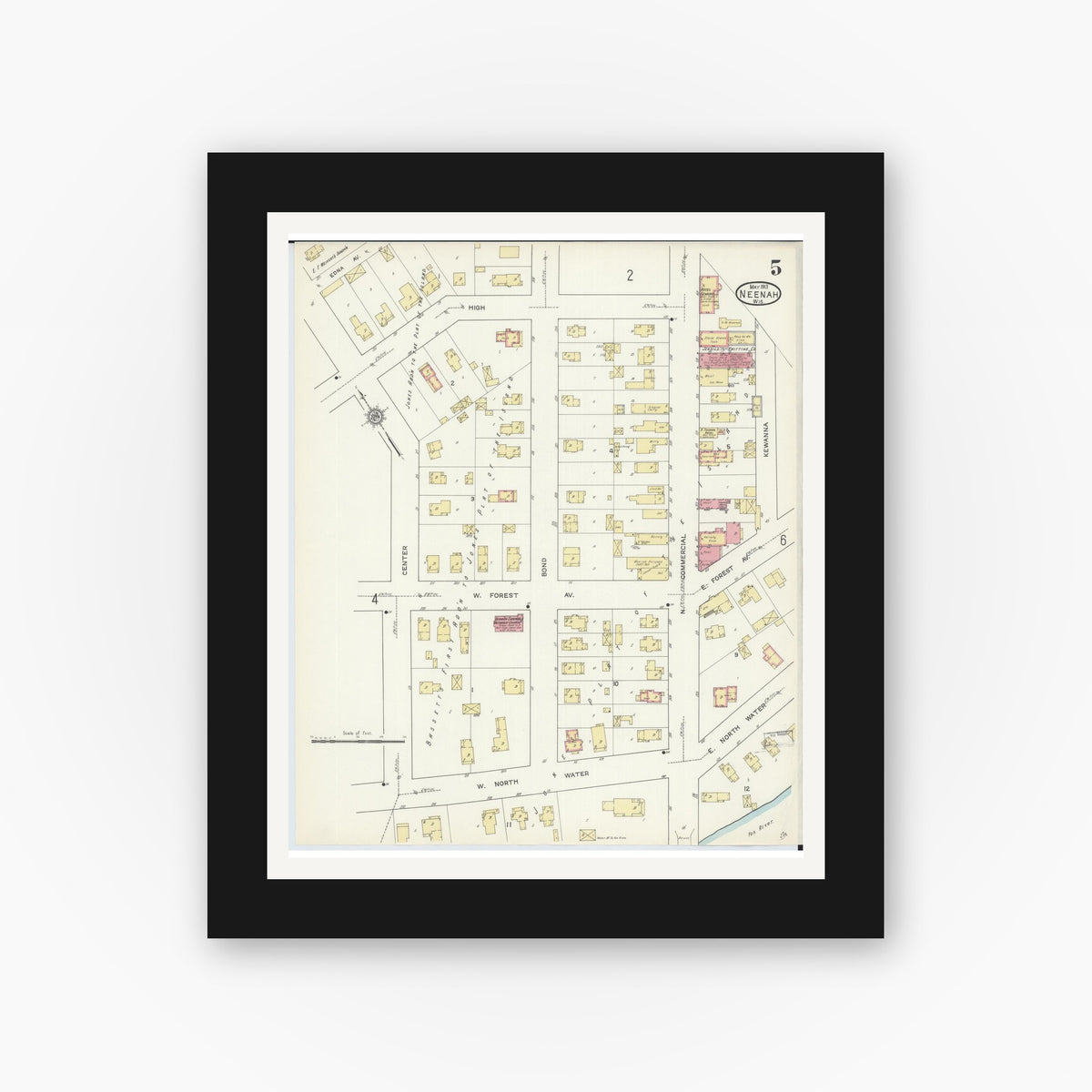 Old map wall art mockup — black gallery frame with white mat — Sanborn Fire Insurance Map from Neenah, Winnebago County, Wisconsin (1913), Sheet #0005