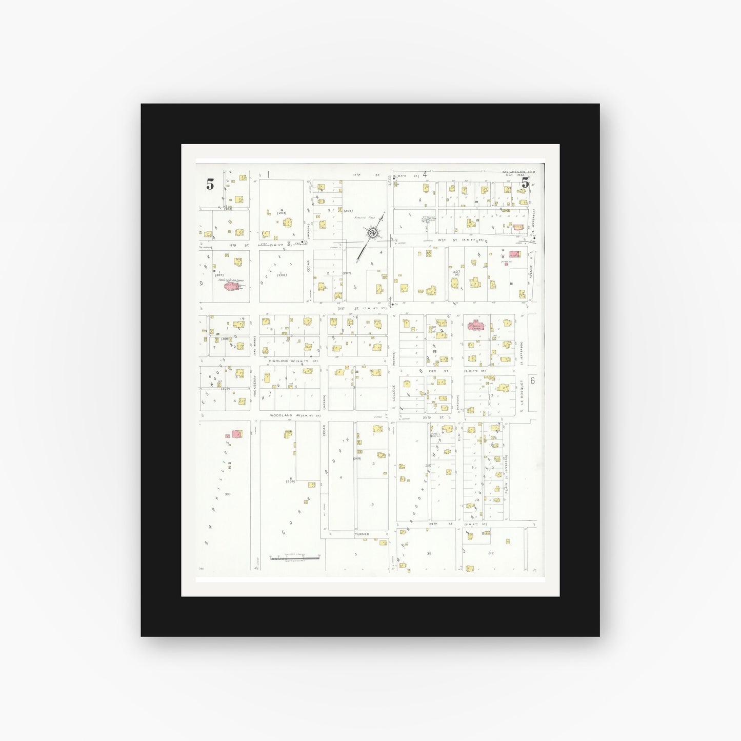 Old map wall art mockup — black gallery frame with white mat — Sanborn Fire Insurance Map from McGregor, McLennan County, Texas (1932), Sheet #0005
