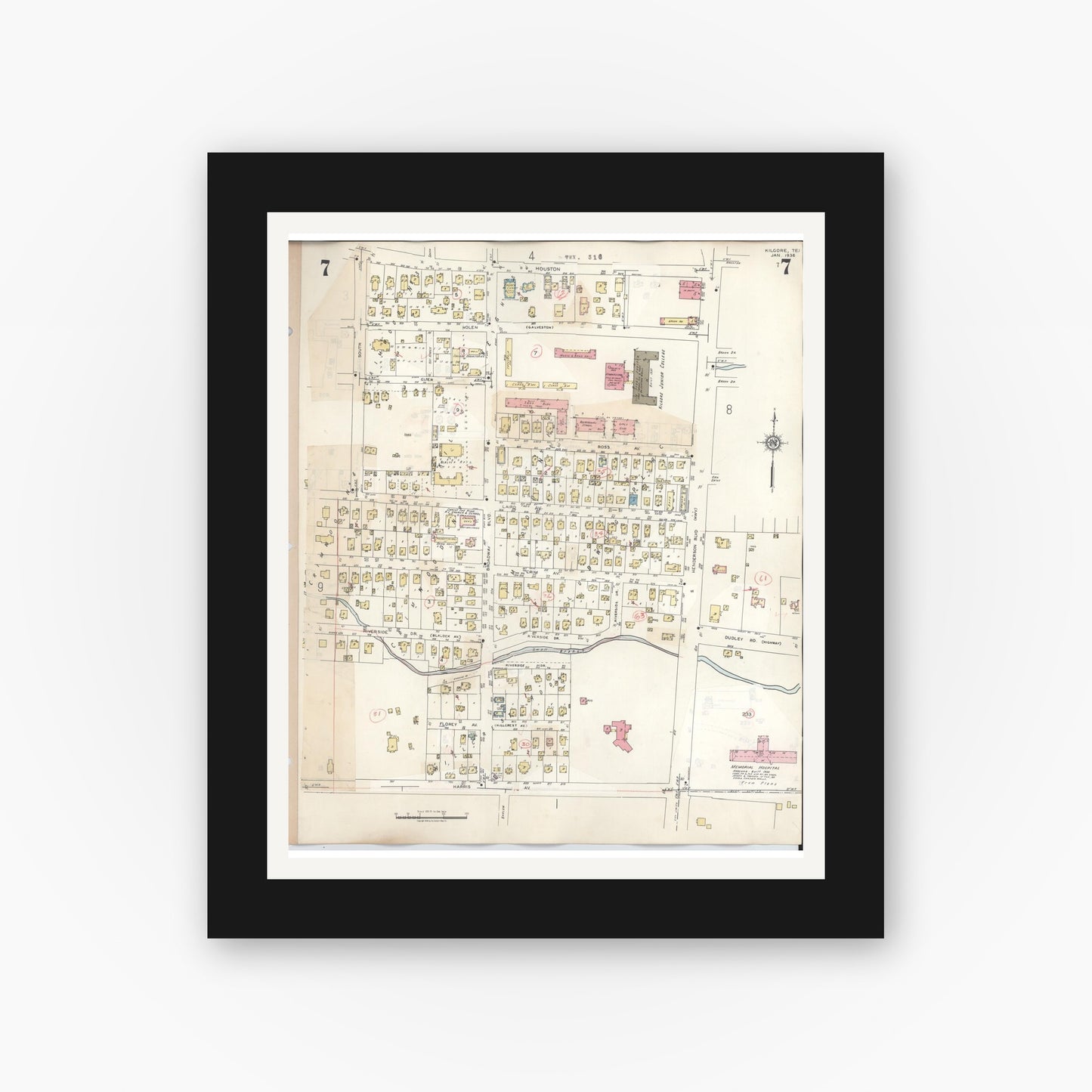 Old map wall art mockup — black gallery frame with white mat — Sanborn Fire Insurance Map from Kilgore, Gregg County, Texas (1950), Sheet #0007