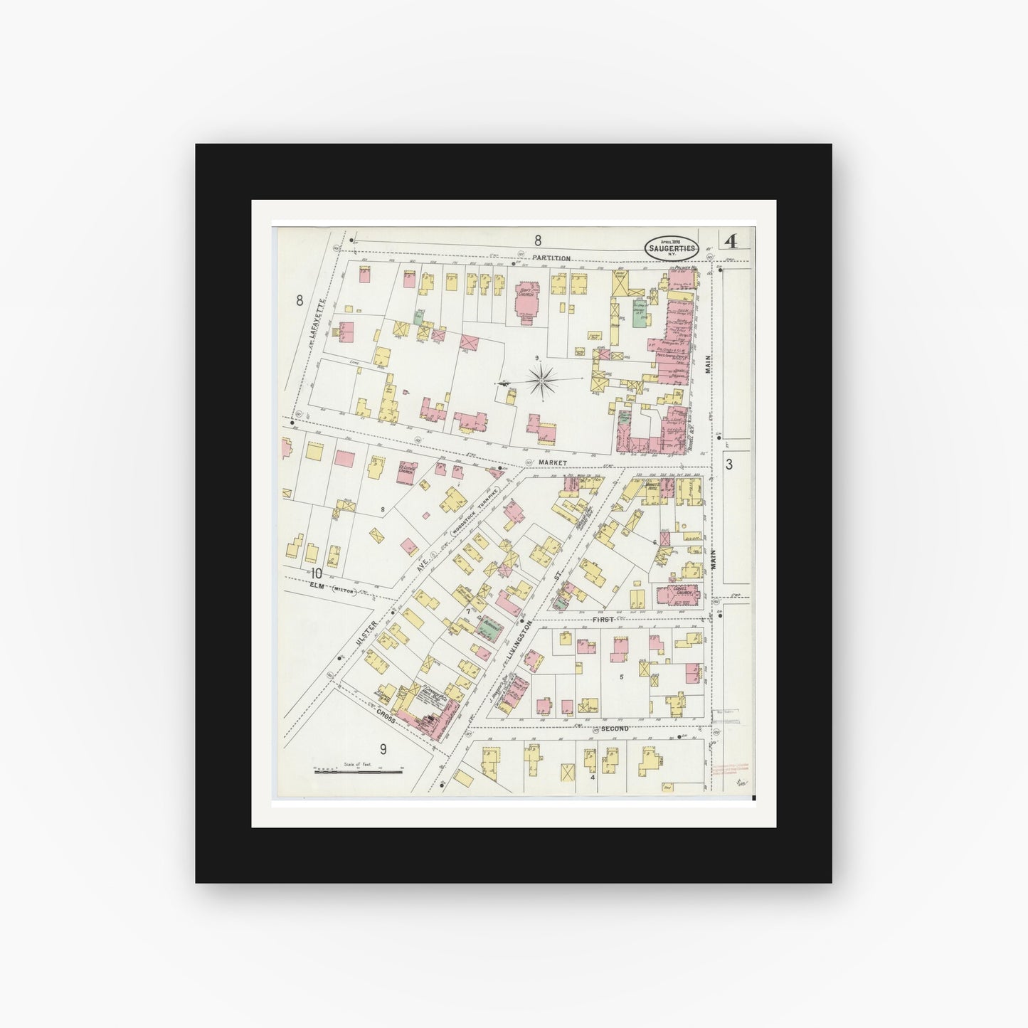 Old map wall art mockup — black gallery frame with white mat — Sanborn Fire Insurance Map from Saugerties, Ulster County, New York (1898), Sheet #0004