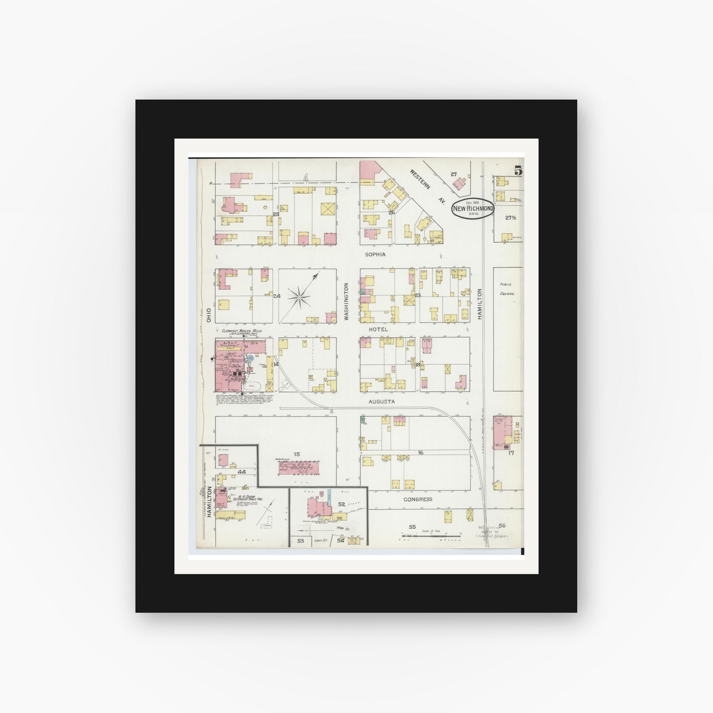 Old map wall art mockup — black gallery frame with white mat — Sanborn Fire Insurance Map from New Richmond, Clermont County, Ohio (1892), Sheet #0005