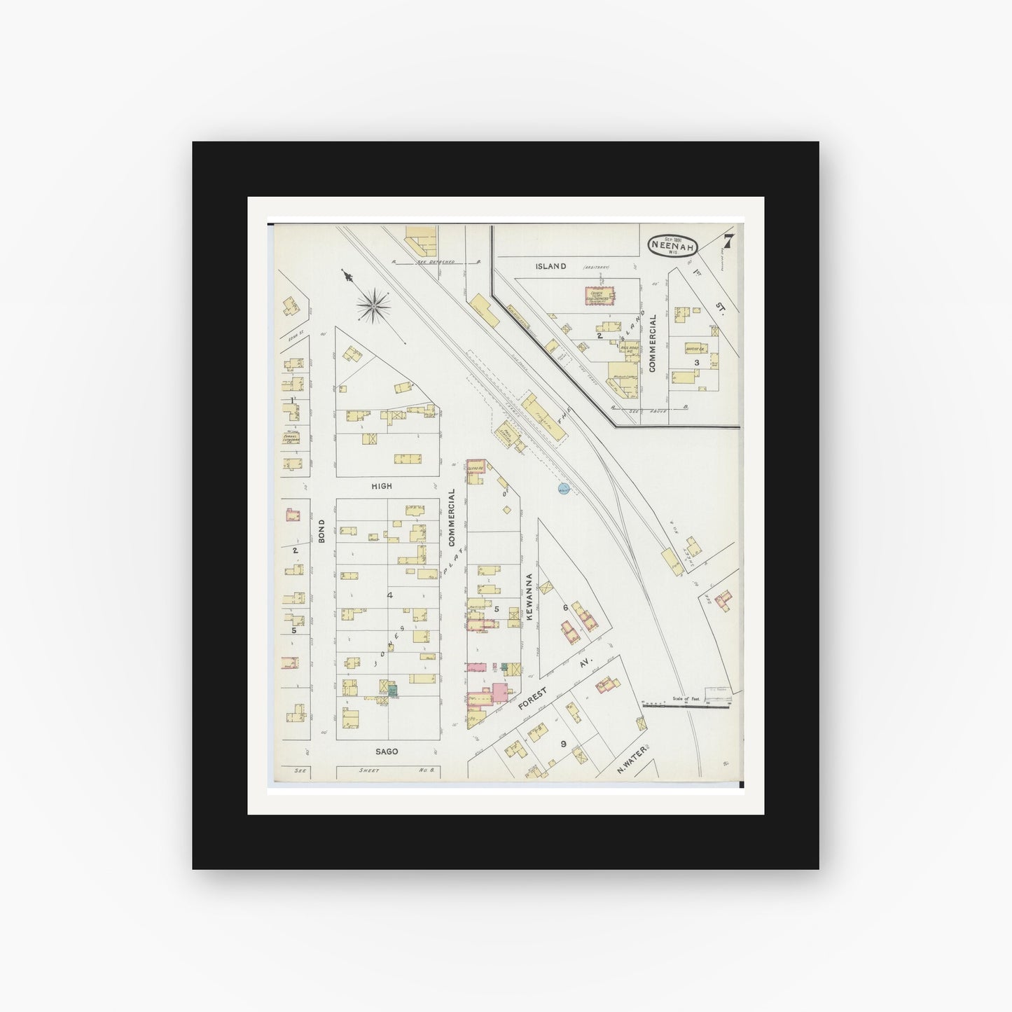 Old map wall art mockup — black gallery frame with white mat — Sanborn Fire Insurance Map from Neenah, Winnebago County, Wisconsin (1891), Sheet #0007