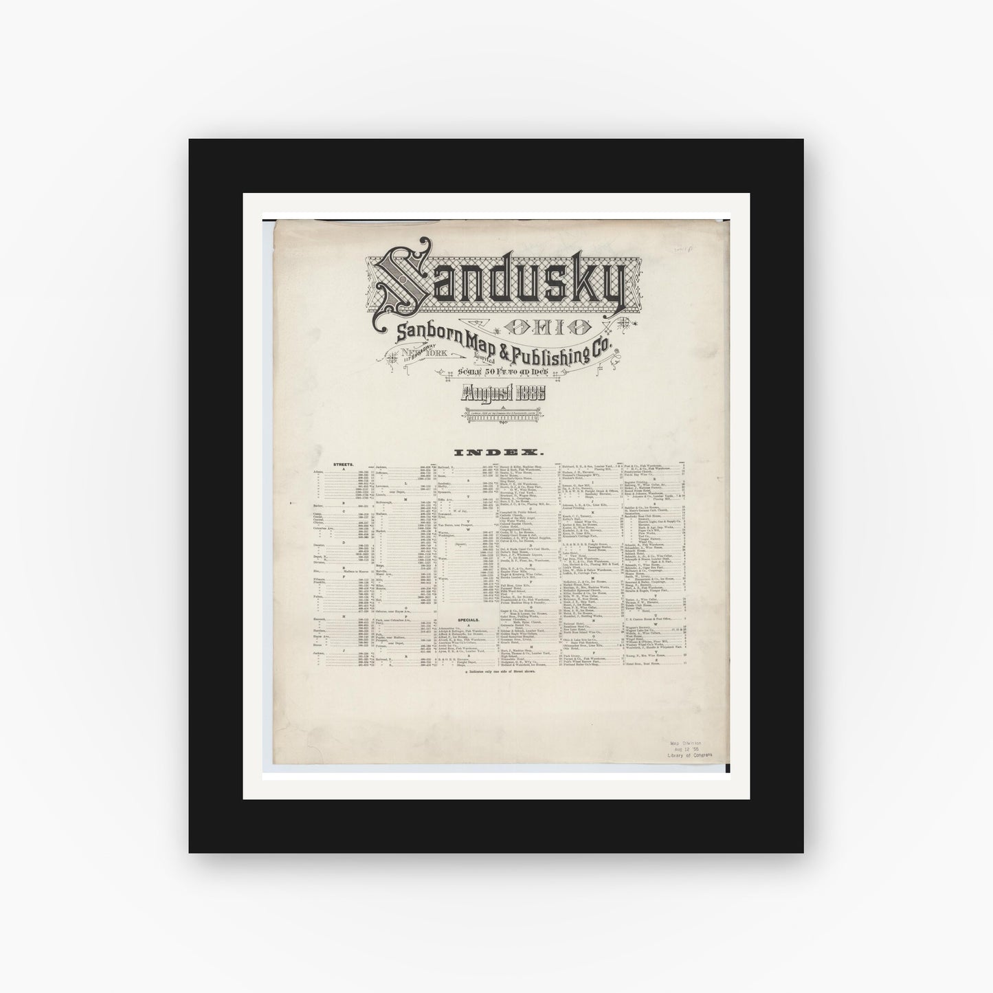 Old map wall art mockup — black gallery frame with white mat — Sanborn Fire Insurance Map from Sandusky, Erie County, Ohio (1886), Sheet #0001