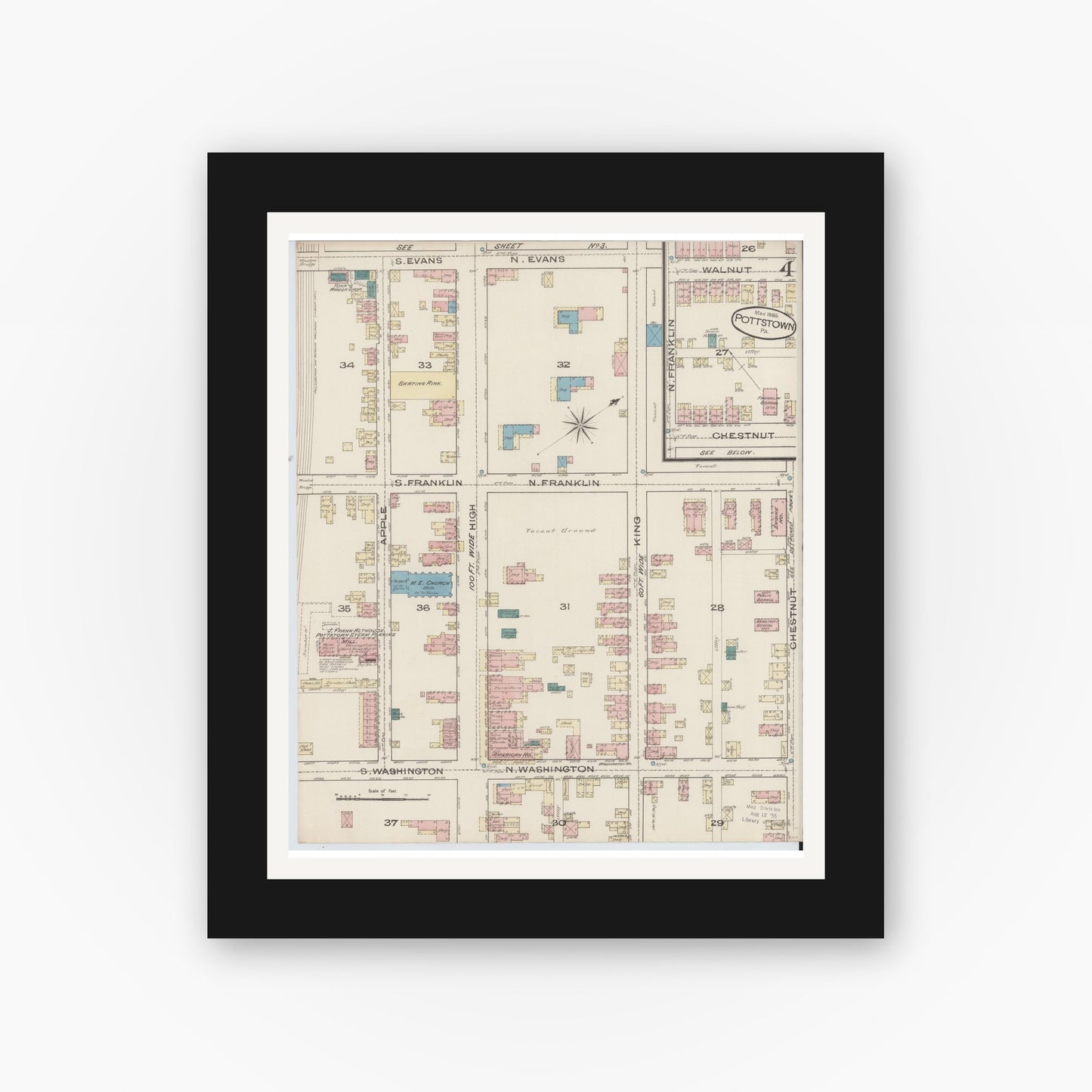 Old map wall art mockup — black gallery frame with white mat — Sanborn Fire Insurance Map from Pottstown, Montgomery County, Pennsylvania (1885), Sheet #0004