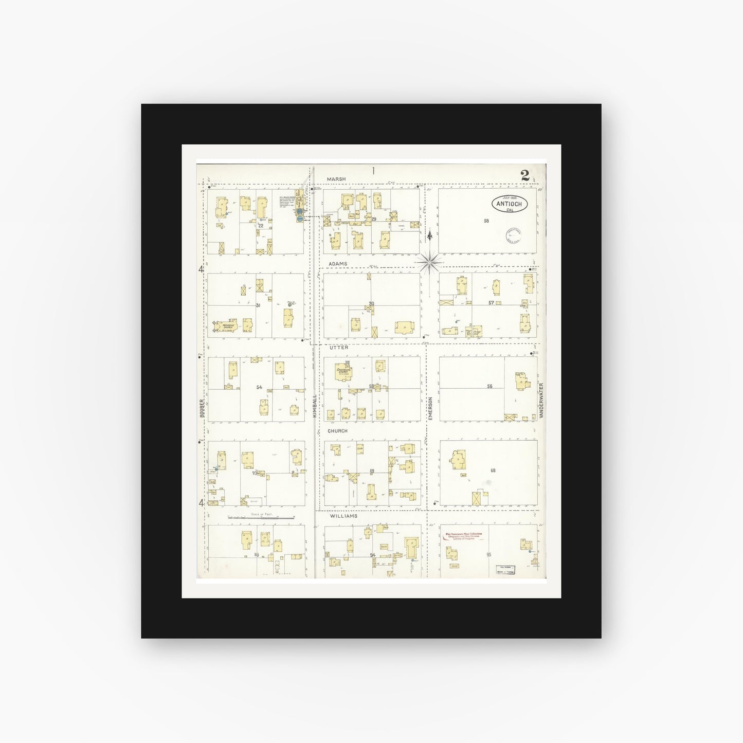 Old map wall art mockup — black gallery frame with white mat — Sanborn Fire Insurance Map from Antioch, Contra Costa County, California (1900), Sheet #0002