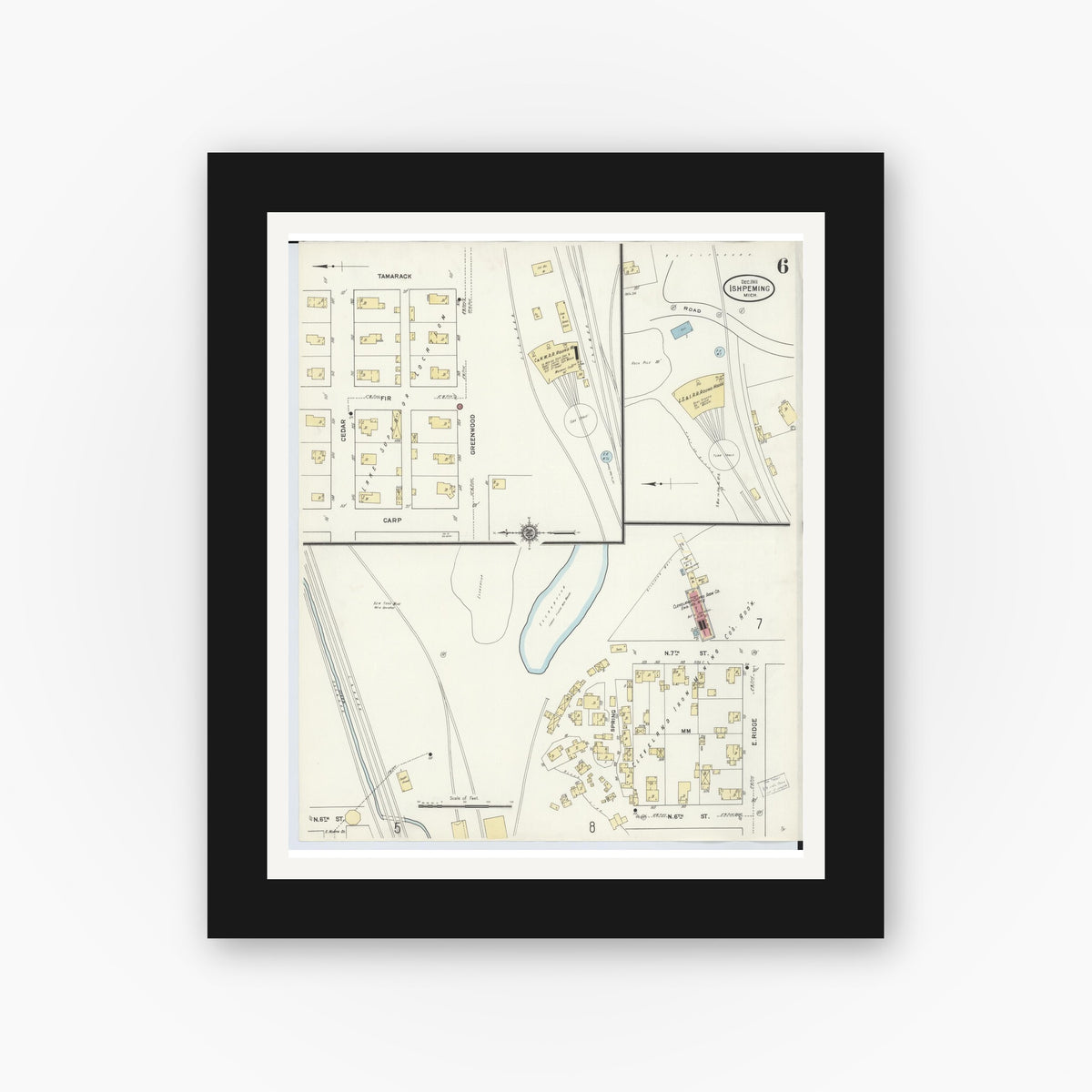 Old map wall art mockup — black gallery frame with white mat — Sanborn Fire Insurance Map from Ishpeming, Marquette County, Michigan (1911), Sheet #0006