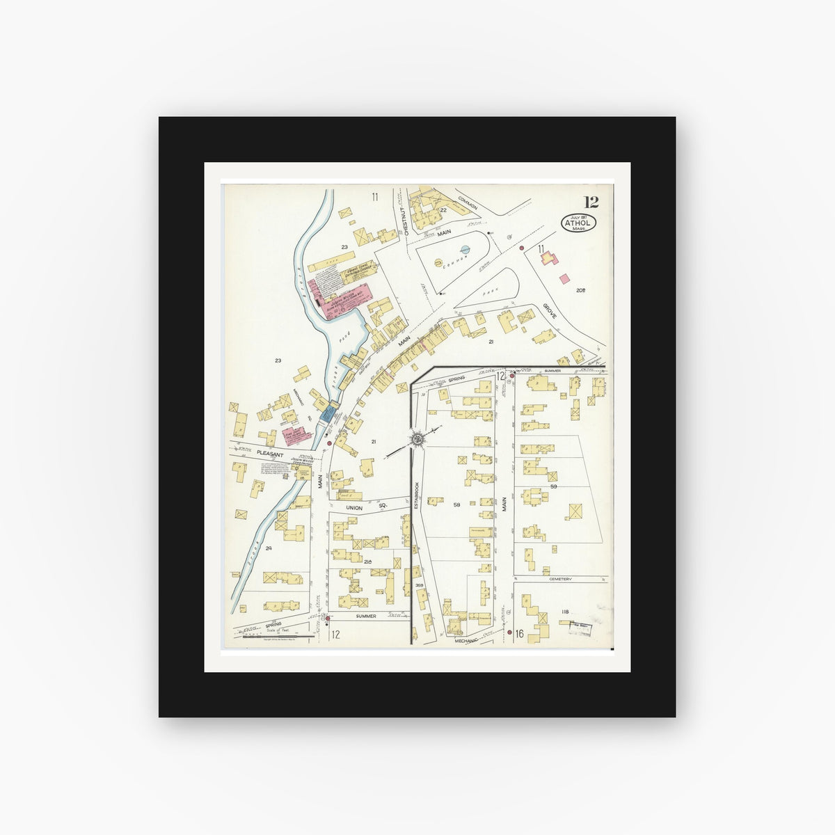 Old map wall art mockup — black gallery frame with white mat — Sanborn Fire Insurance Map from Athol, Worcester County, Massachusetts (1917), Sheet #0012