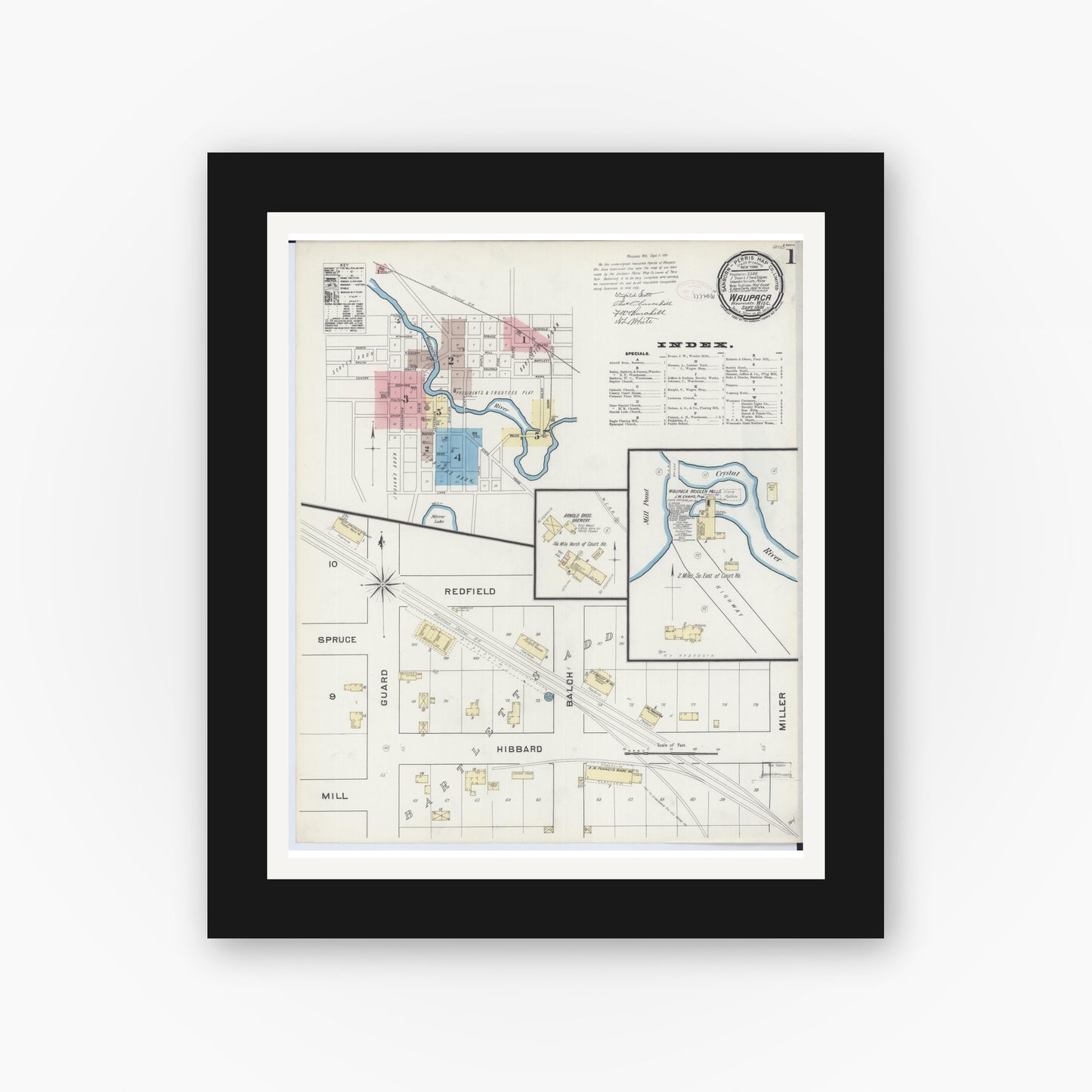 Old map wall art mockup — black gallery frame with white mat — Sanborn Fire Insurance Map from Waupaca, Waupaca County, Wisconsin (1891) - Complete Map Set