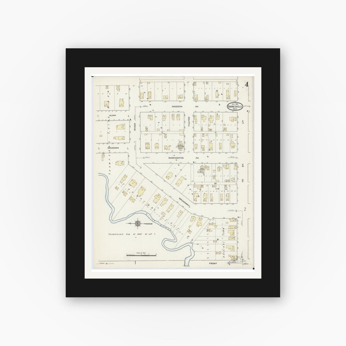 Old map wall art mockup — black gallery frame with white mat — Sanborn Fire Insurance Map from Barnesville, Clay County, Minnesota (1914), Sheet #0004