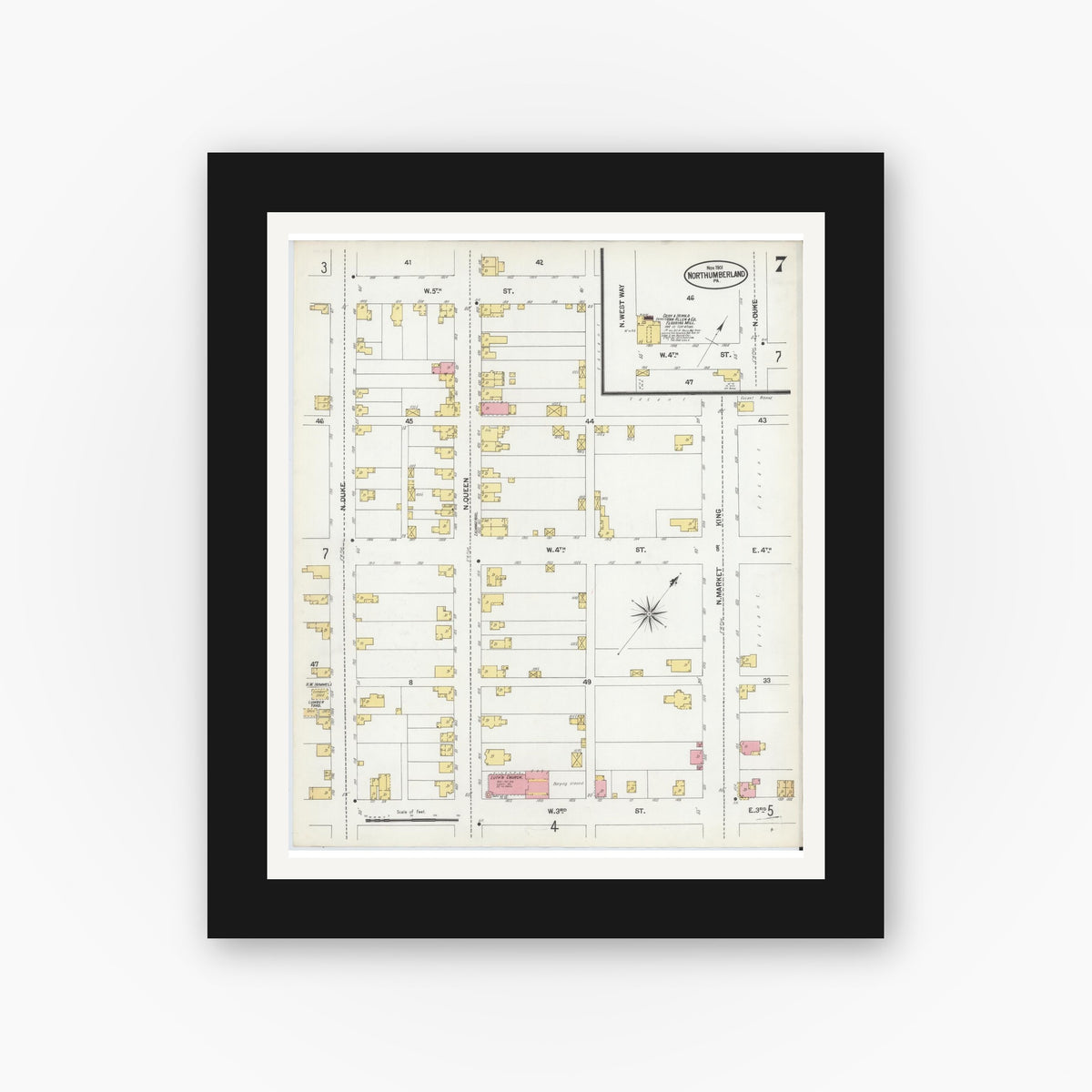 Old map wall art mockup — black gallery frame with white mat — Sanborn Fire Insurance Map from Northumberland, Northumberland County, Pennsylvania (1901), Sheet #0007