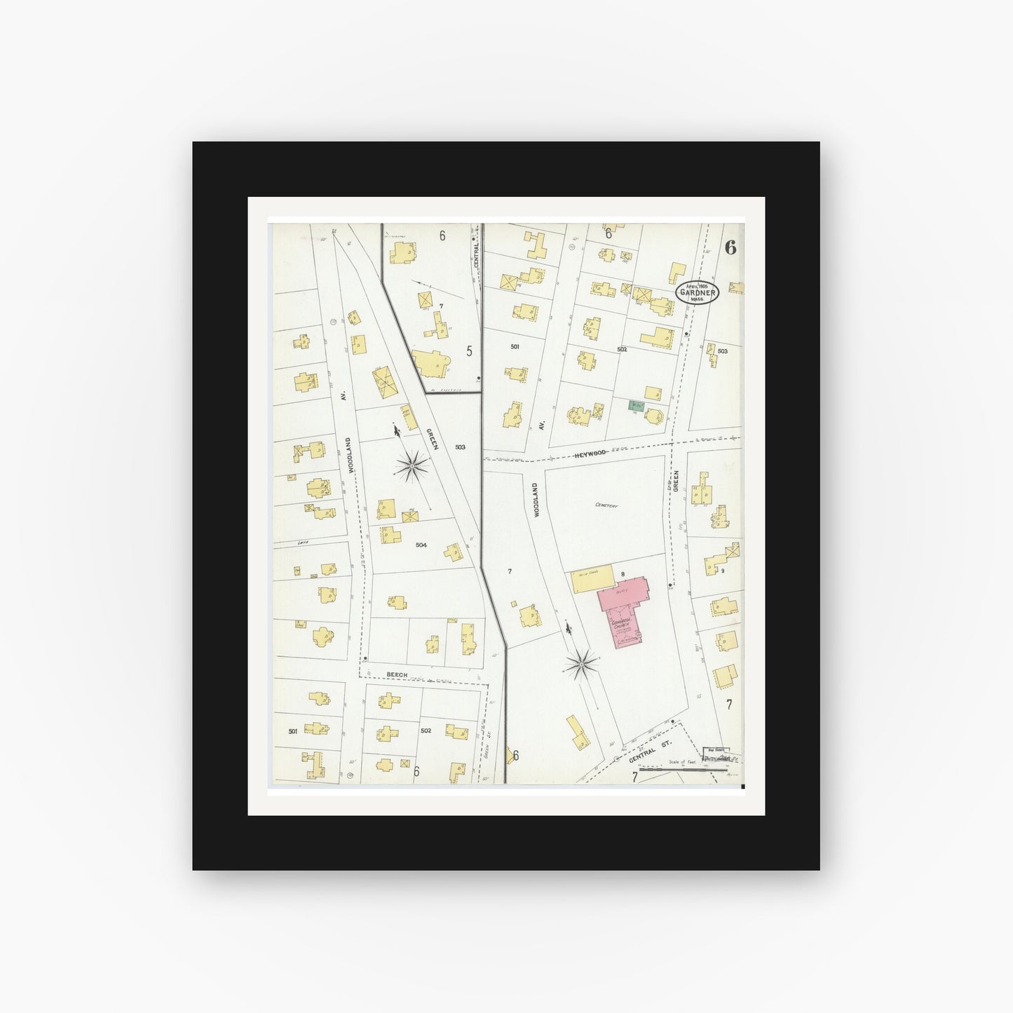Old map wall art mockup — black gallery frame with white mat — Sanborn Fire Insurance Map from Gardner, Worcester County, Massachusetts (1905), Sheet #0006