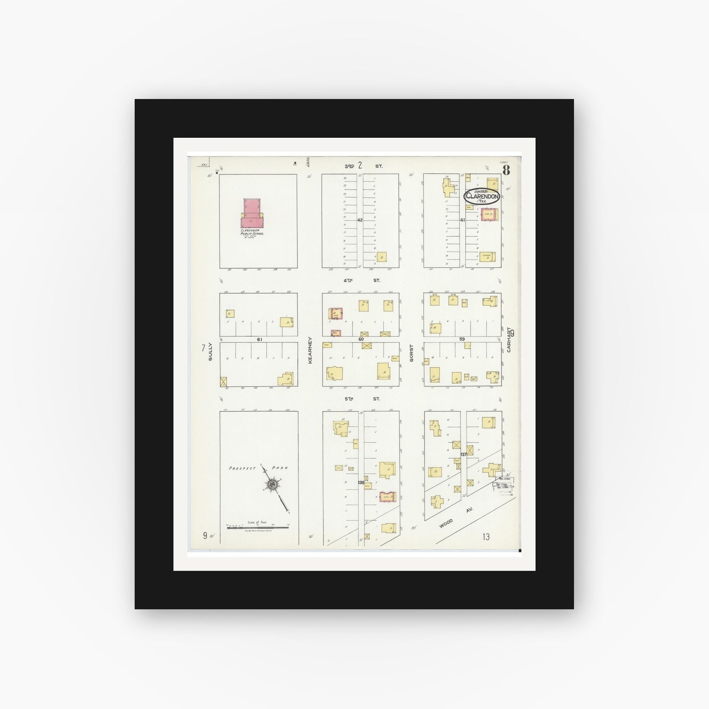 Old map wall art mockup — black gallery frame with white mat — Sanborn Fire Insurance Map from Clarendon, Donley County, Texas (1921), Sheet #0008