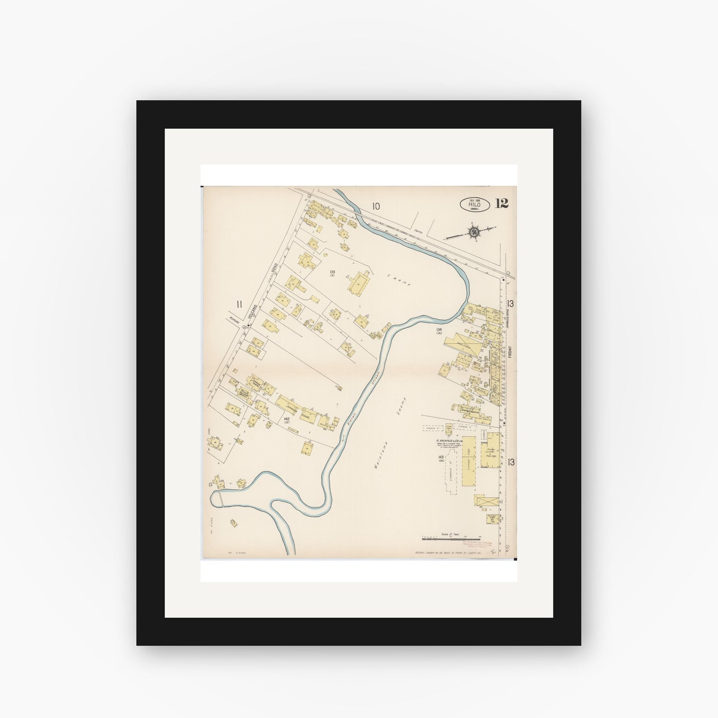 Old map wall art mockup — black gallery frame with white mat — Sanborn Fire Insurance Map from Hilo, Hawaii County, Hawaii (1914), Sheet #0012