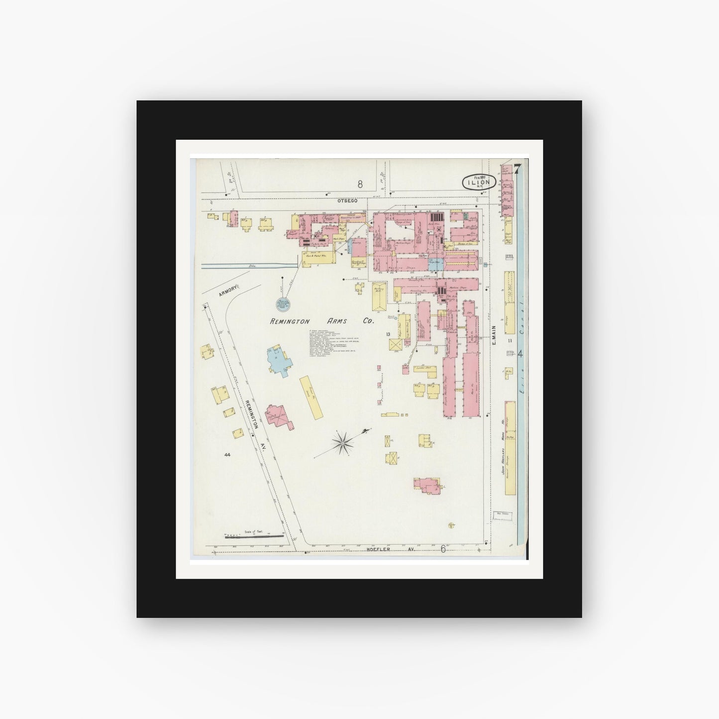 Old map wall art mockup — black gallery frame with white mat — Sanborn Fire Insurance Map from Ilion, Herkimer County, New York (1897), Sheet #0007