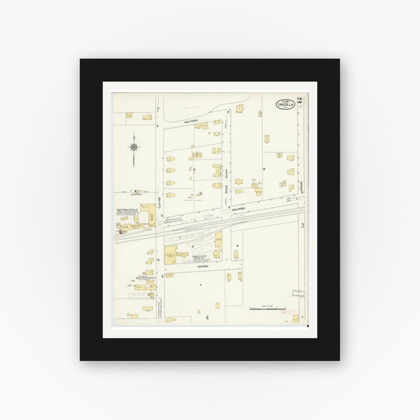 Old map wall art mockup — black gallery frame with white mat — Sanborn Fire Insurance Map from Unadilla, Otsego County, New York (1910), Sheet #0002