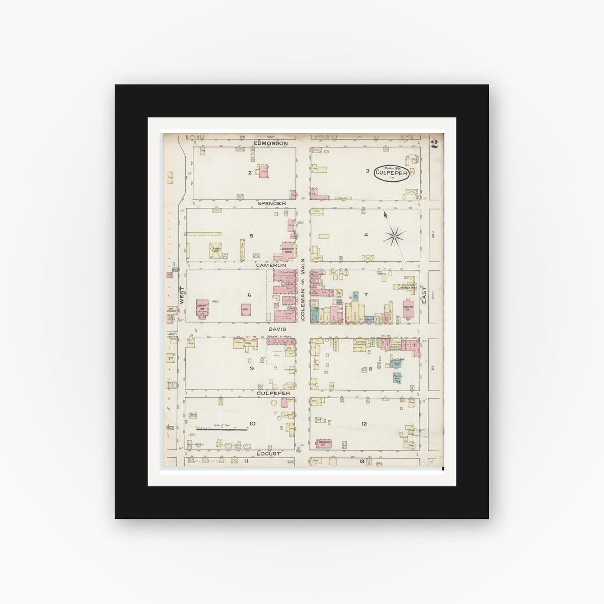 Old map wall art mockup — black gallery frame with white mat — Sanborn Fire Insurance Map from Culpeper, Culpeper County, Virginia (1886), Sheet #0002