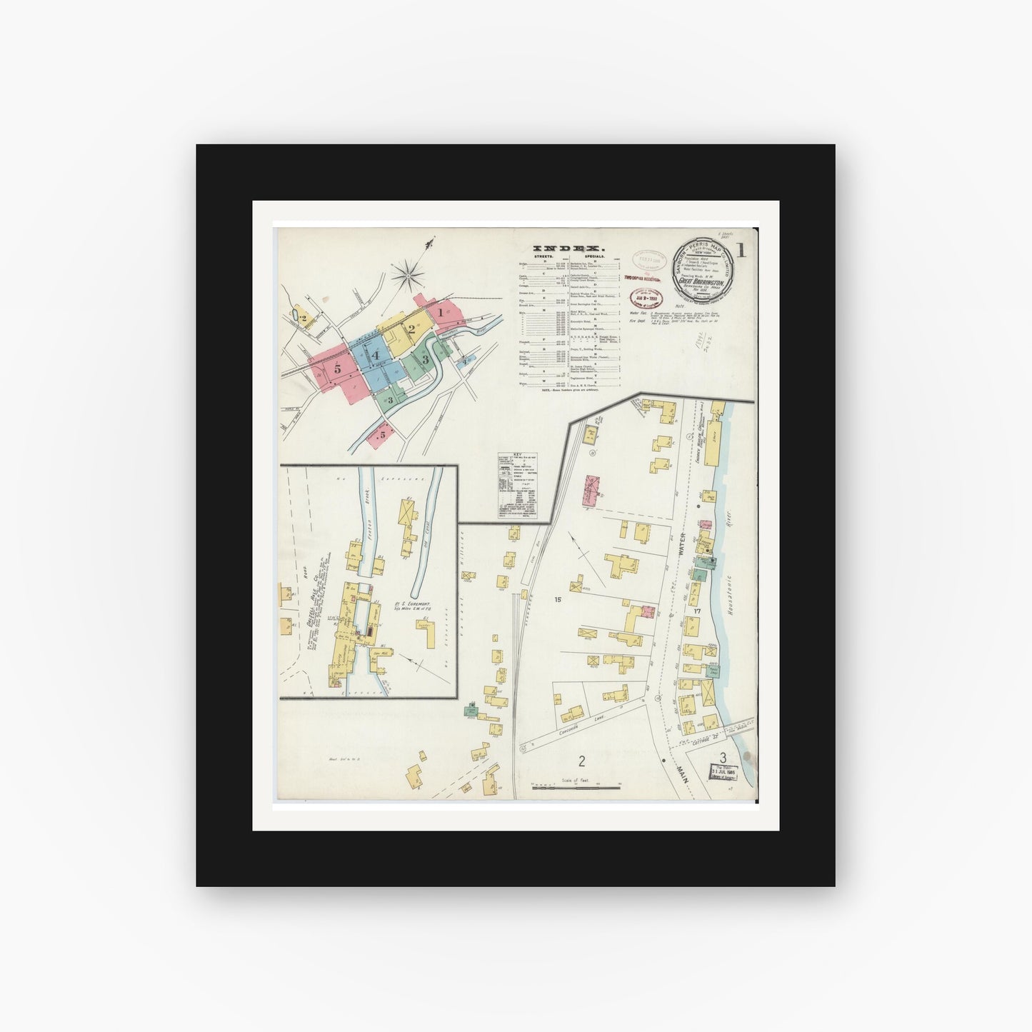 Old map wall art mockup — black gallery frame with white mat — Sanborn Fire Insurance Map from Great Barrington, Berkshire County, Massachusetts (1898), Sheet #0001