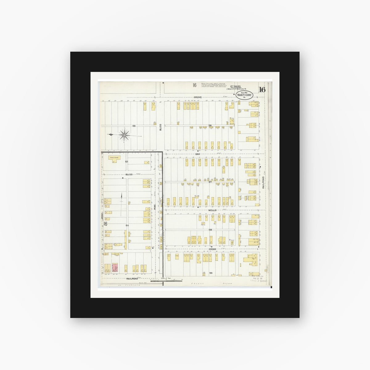 Old map wall art mockup — black gallery frame with white mat — Sanborn Fire Insurance Map from Nanticoke, Luzerne County, Pennsylvania (1903), Sheet #0016