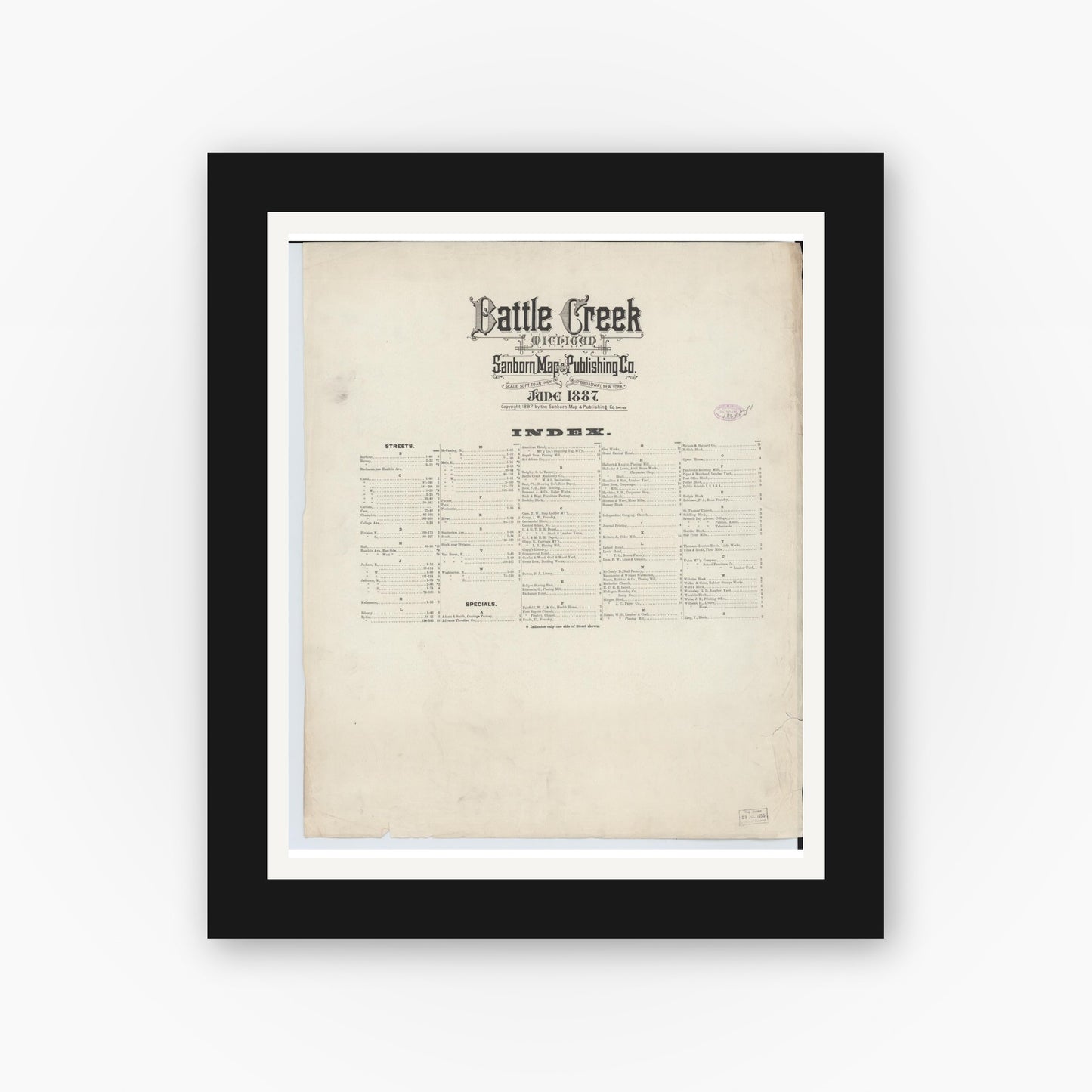 Old map wall art mockup — black gallery frame with white mat — Sanborn Fire Insurance Map from Battle Creek, Calhoun County, Michigan (1887), Sheet #0001