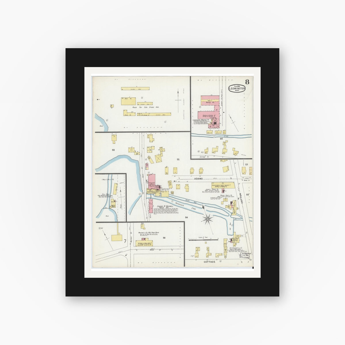 Old map wall art mockup — black gallery frame with white mat — Sanborn Fire Insurance Map from Leominster, Worcester County, Massachusetts (1896), Sheet #0008