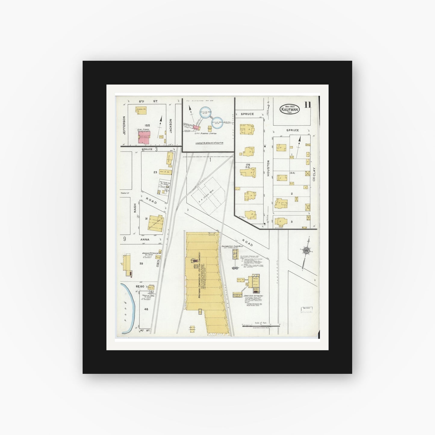 Old map wall art mockup — black gallery frame with white mat — Sanborn Fire Insurance Map from Kaufman, Kaufman County, Texas (1920), Sheet #0011