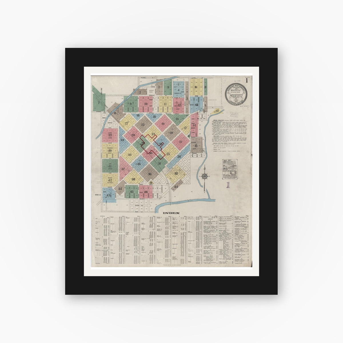 Old map wall art mockup — black gallery frame with white mat — Sanborn Fire Insurance Map from Modesto, Stanislaus County, California (1919) - Complete Map Set