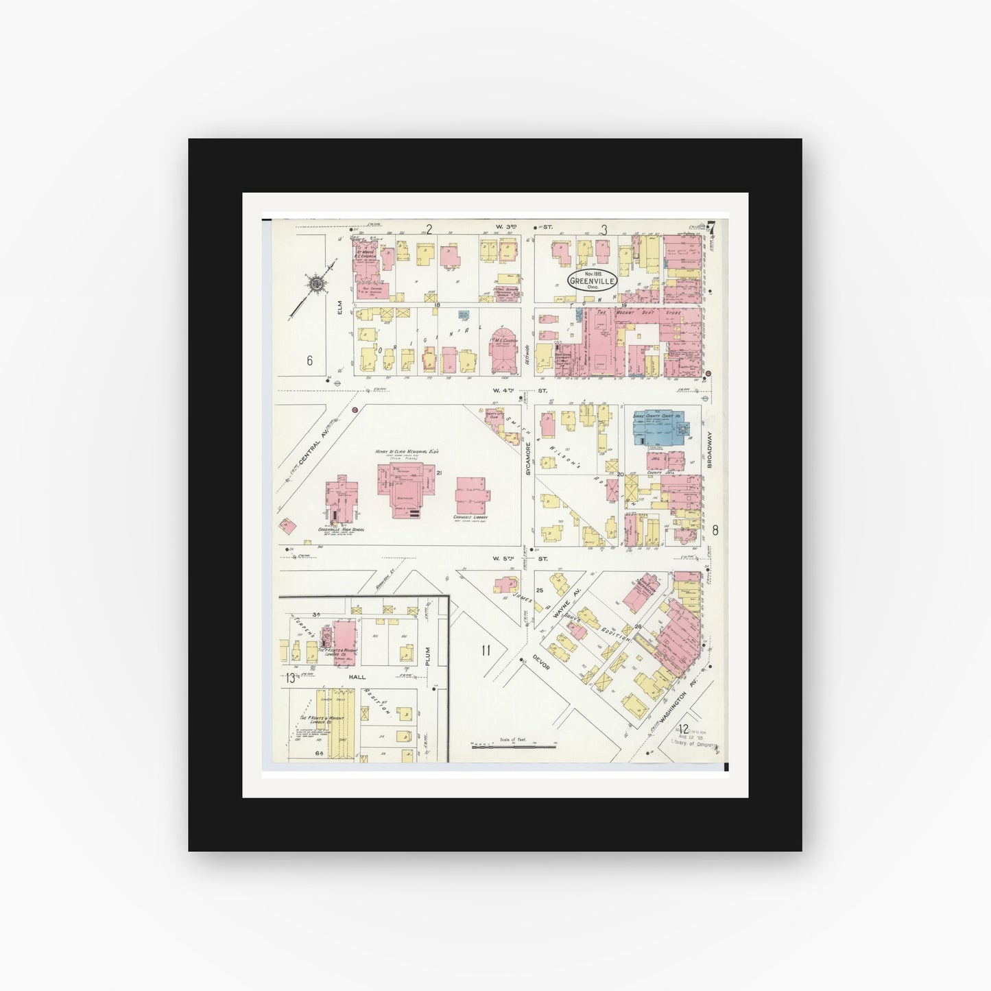 Old map wall art mockup — black gallery frame with white mat — Sanborn Fire Insurance Map from Greenville, Darke County, Ohio (1910), Sheet #0007