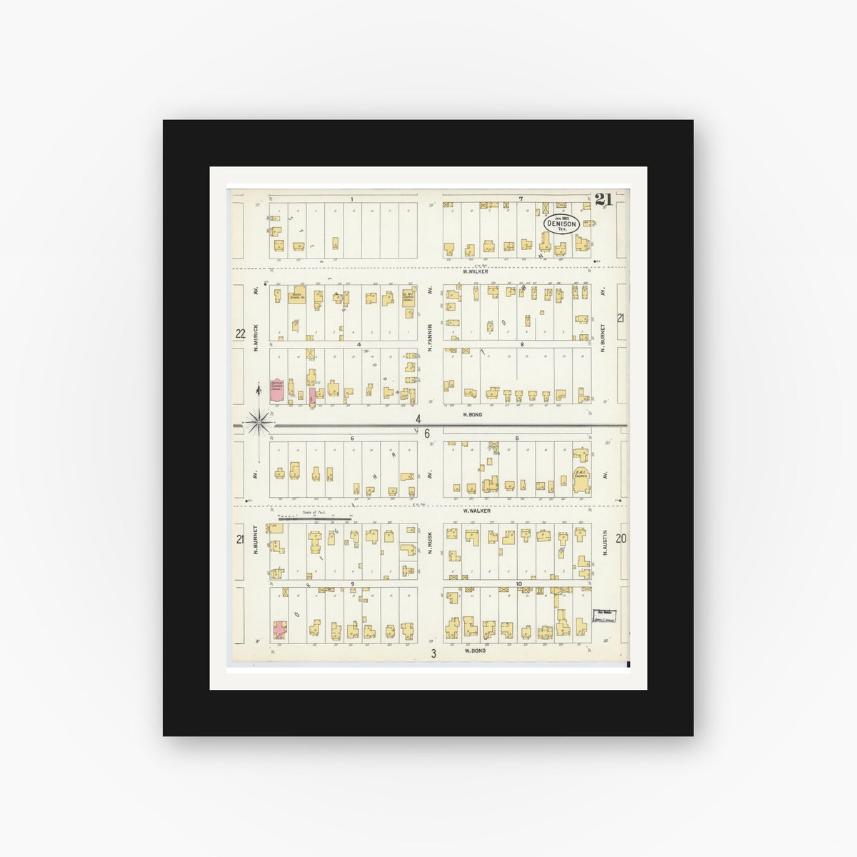 Old map wall art mockup — black gallery frame with white mat — Sanborn Fire Insurance Map from Denison, Grayson County, Texas (1903), Sheet #0021