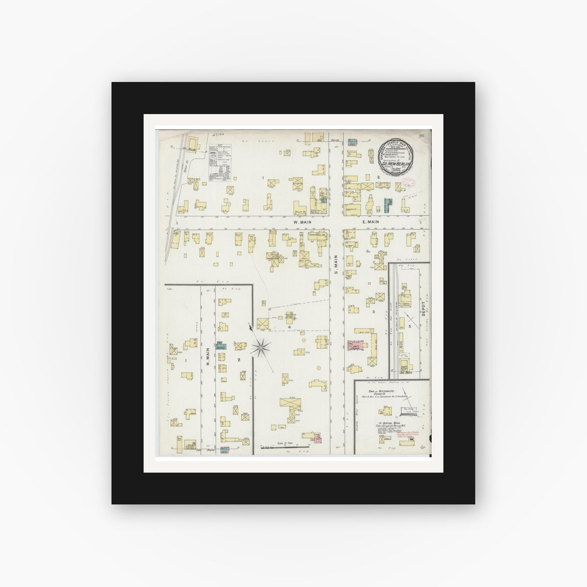 Old map wall art mockup — black gallery frame with white mat — Sanborn Fire Insurance Map from South New Berlin, Chenango County, New York (1894), Sheet #0001