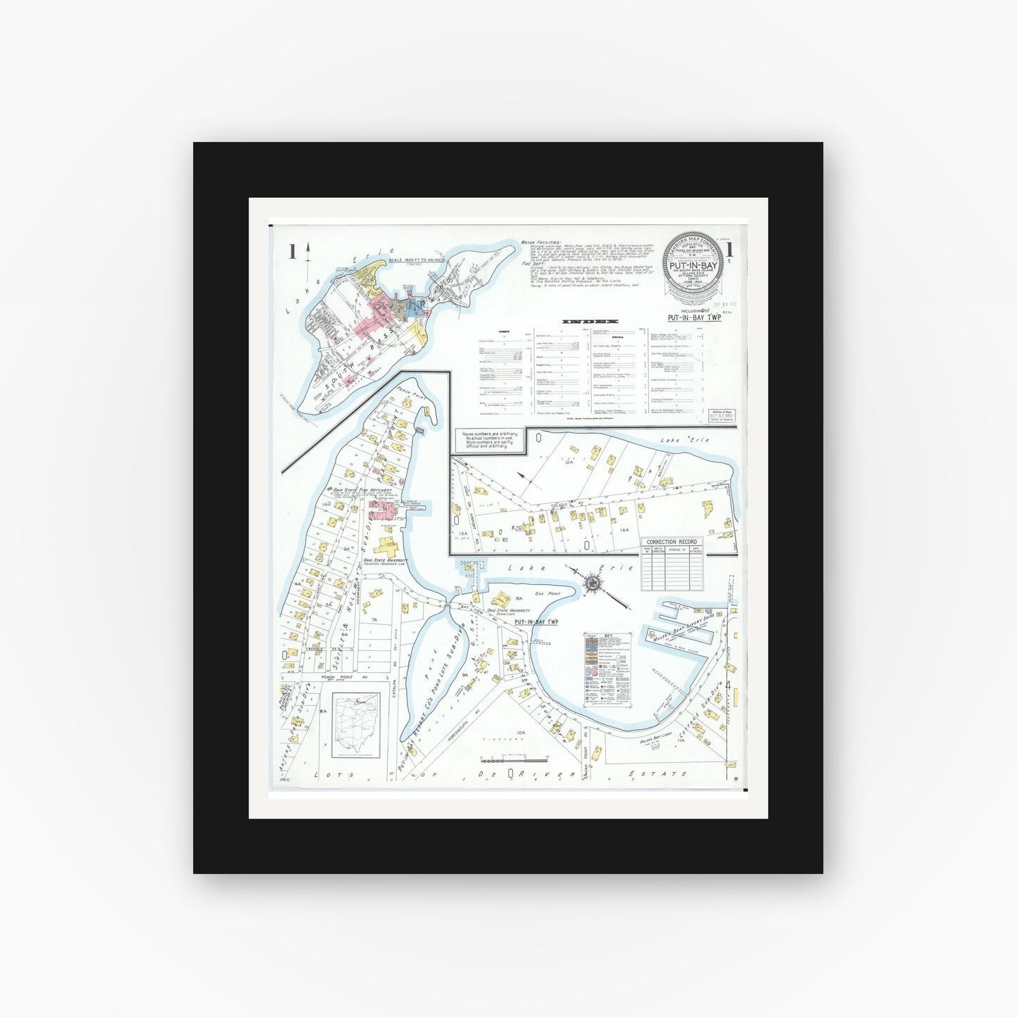 Old map wall art mockup — black gallery frame with white mat — Sanborn Fire Insurance Map from Put-in-bay, Ottawa County, Ohio (1950), Sheet #0001