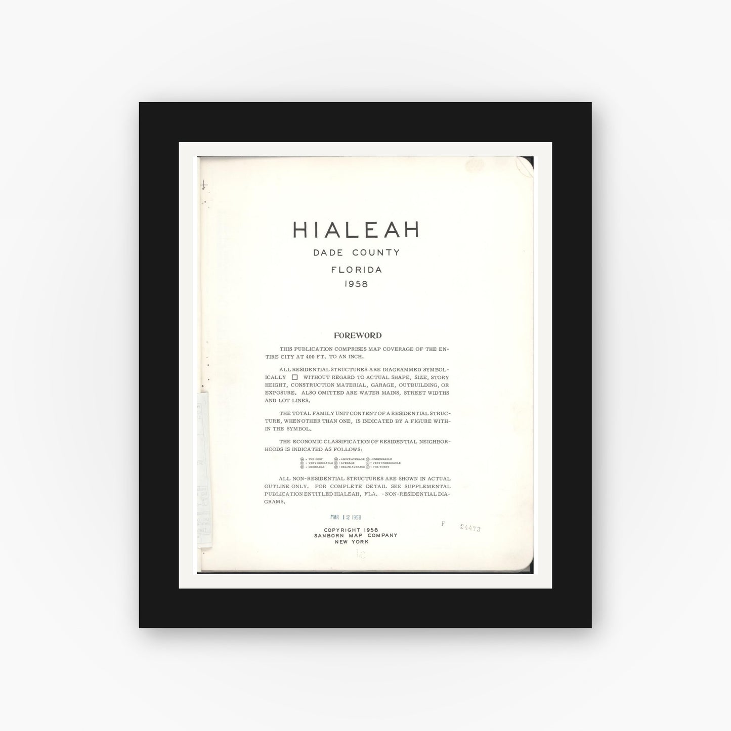 Old map wall art mockup — black gallery frame with white mat — Sanborn Fire Insurance Map from Hialeah, Dade County, Florida (1958), Sheet #0001