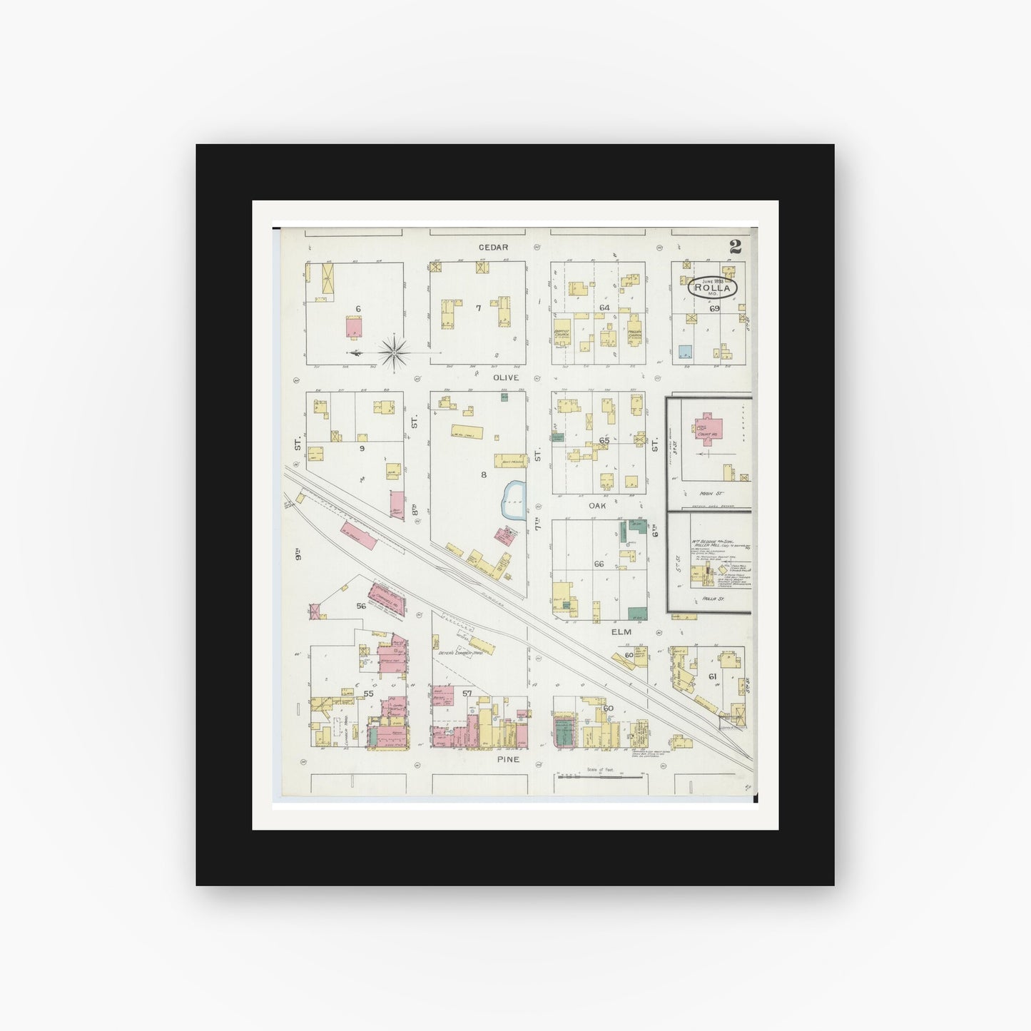 Old map wall art mockup — black gallery frame with white mat — Sanborn Fire Insurance Map from Rolla, Phelps County, Missouri (1893), Sheet #0002