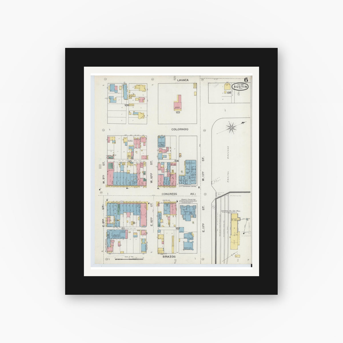 Old map wall art mockup — black gallery frame with white mat — Sanborn Fire Insurance Map from Austin, Travis County, Texas (1894), Sheet #0006