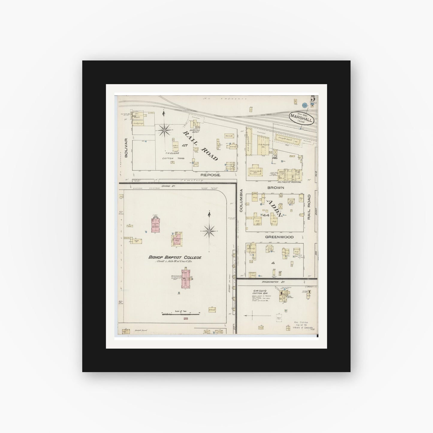 Old map wall art mockup — black gallery frame with white mat — Sanborn Fire Insurance Map from Marshall, Harrison County, Texas (1885), Sheet #0005