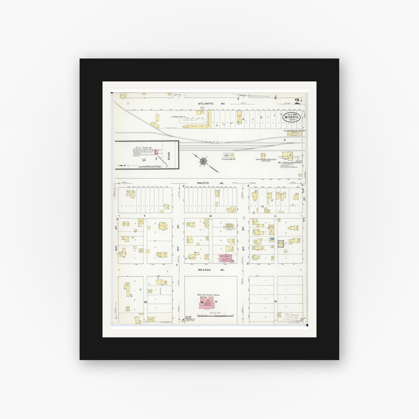 Old map wall art mockup — black gallery frame with white mat — Sanborn Fire Insurance Map from Morris, Stevens County, Minnesota (1909), Sheet #0002