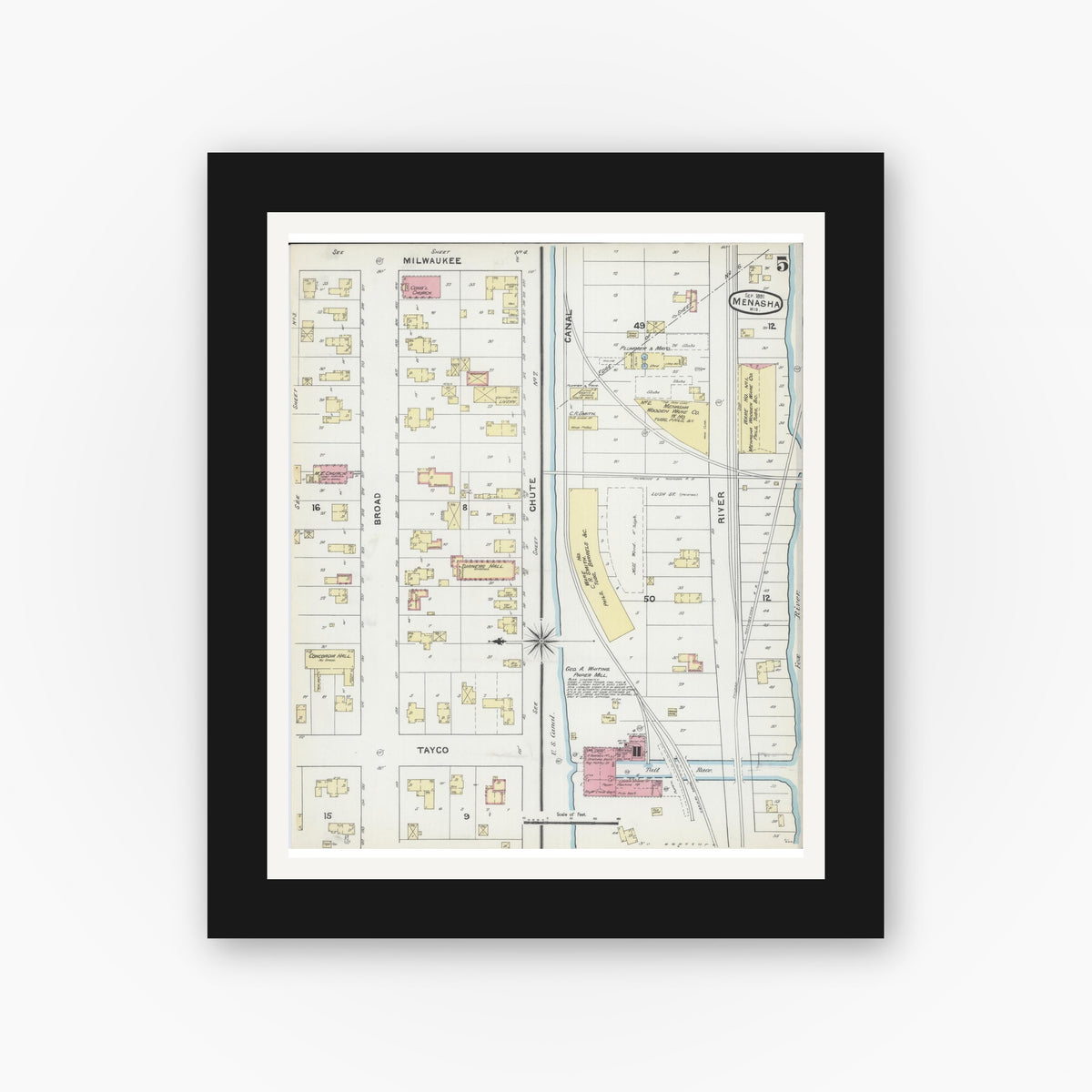 Old map wall art mockup — black gallery frame with white mat — Sanborn Fire Insurance Map from Menasha, Winnebago County, Wisconsin (1891), Sheet #0005
