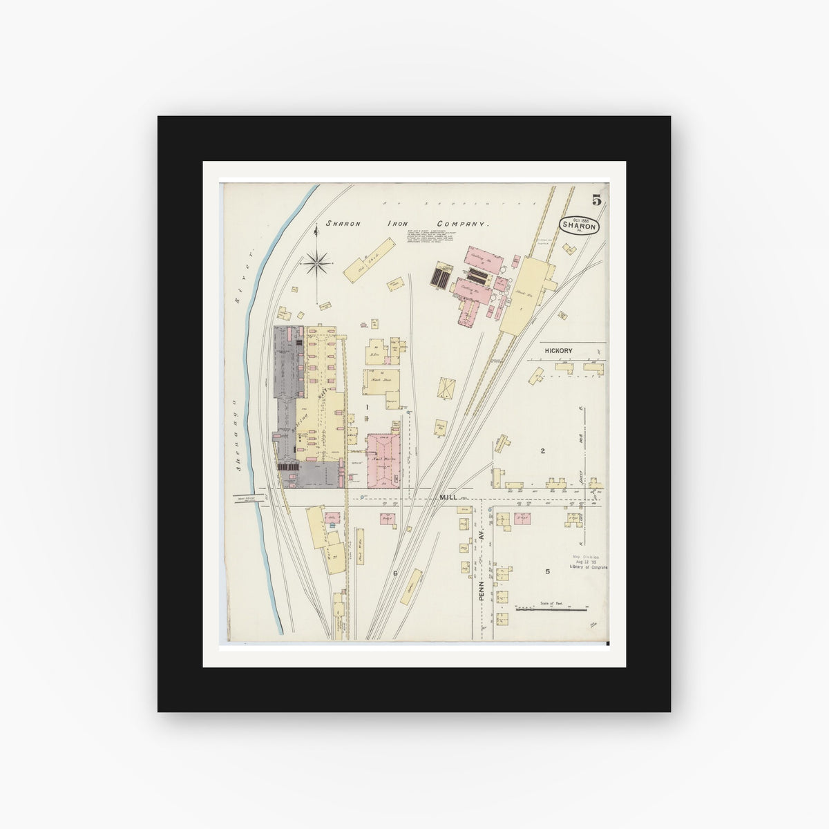 Old map wall art mockup — black gallery frame with white mat — Sanborn Fire Insurance Map from Sharon, Mercer County, Pennsylvania (1888), Sheet #0005
