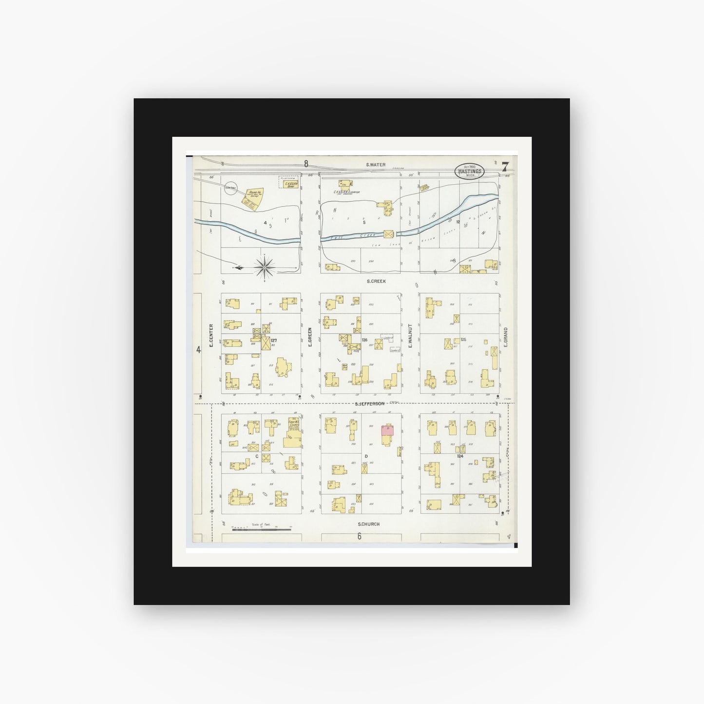 Old map wall art mockup — black gallery frame with white mat — Sanborn Fire Insurance Map from Hastings, Barry County, Michigan (1900), Sheet #0007